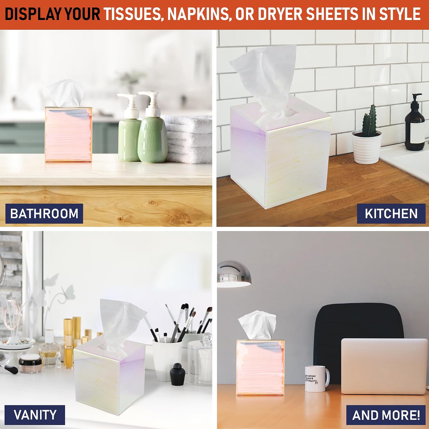 Acrylic Tissue Box Holder, Clear Dispenser for Facial Tissues, Napkins, and Dryer Sheets. Perfect for Bathrooms, Desks, Countertops, Vanities, Bedrooms, and Nightstands (Square, Iridescent) image 4