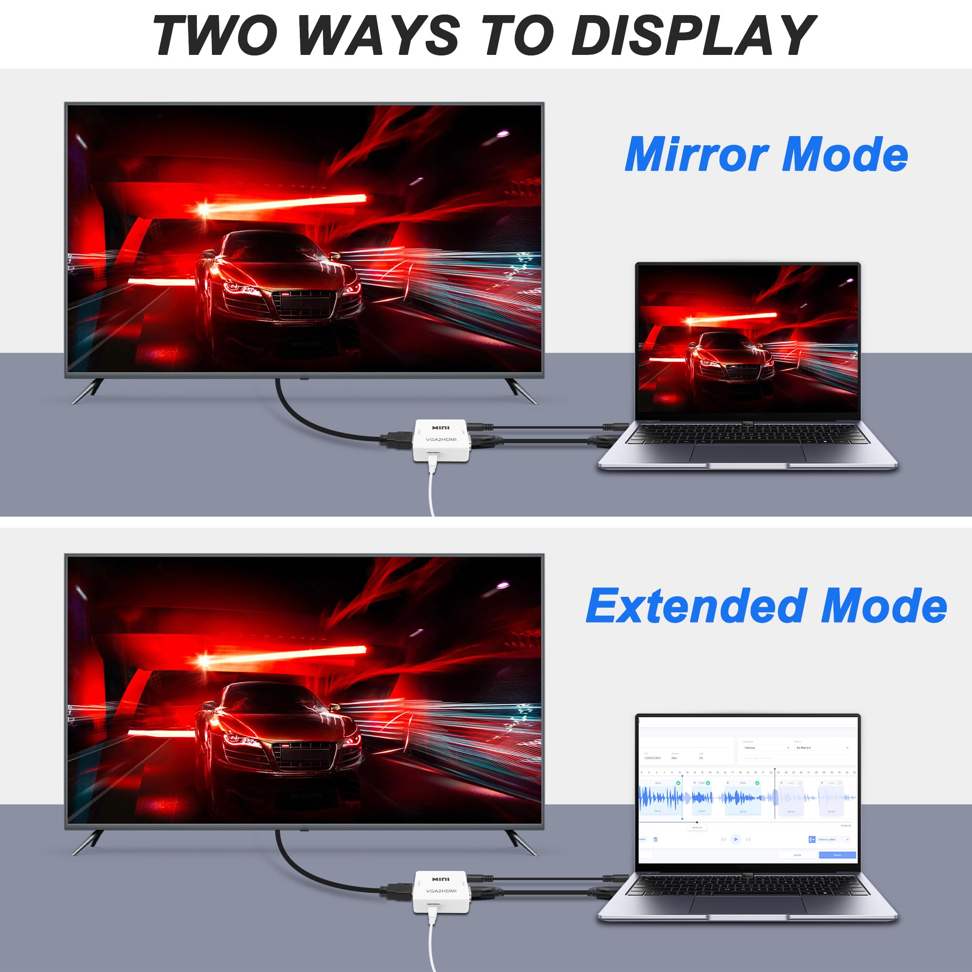 Convertisseur VGA vers HDMI 1080p avec port audio 3,5 mm pour PC, ordinateur portable, projecteur (blanc)