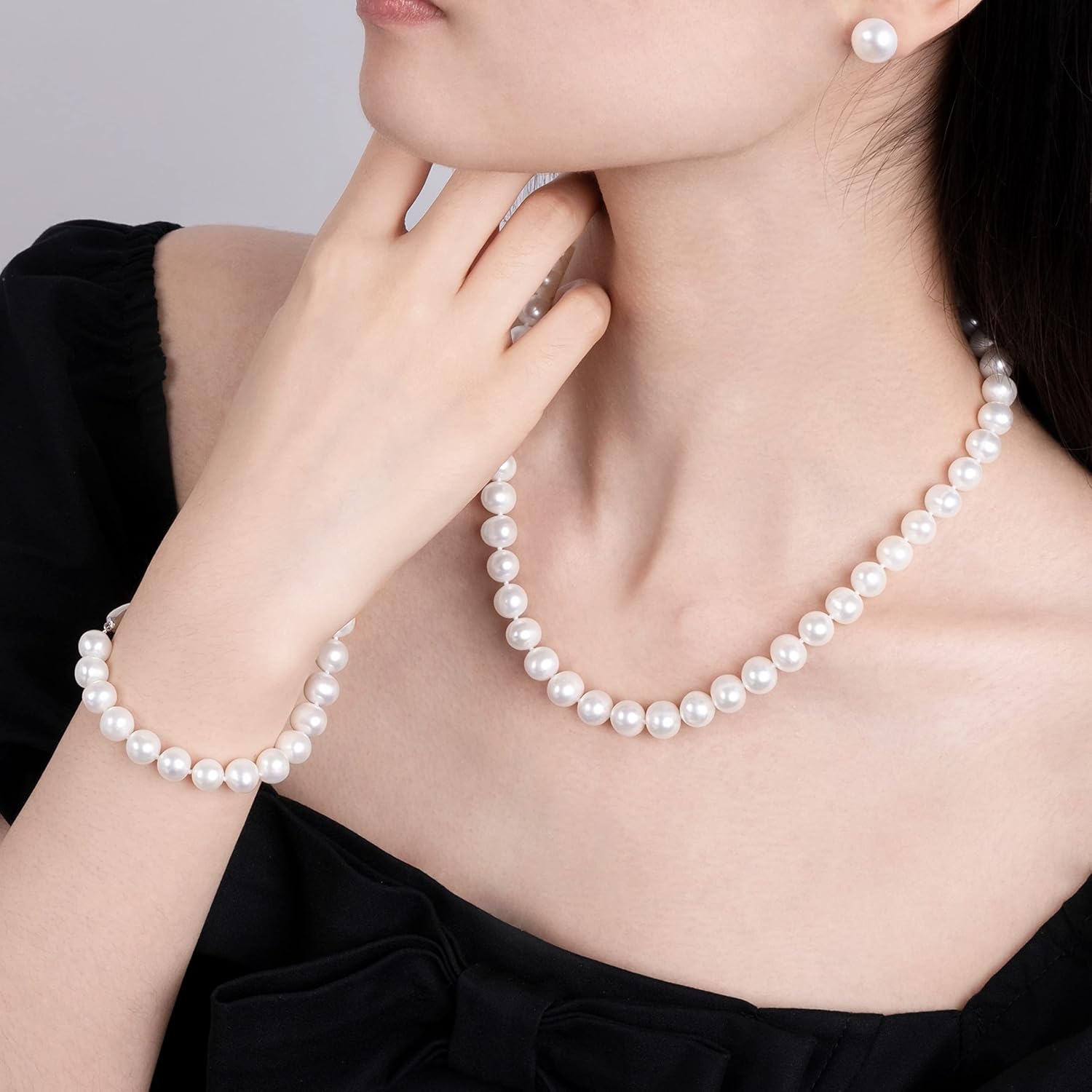 AAA Freshwater Cultured Potato Pearl Jewelry Set for Women White Real Pearl Strand Necklace Stud Earring Bracelet Crafted in 925 Sterling Silver Birthday - Image 5