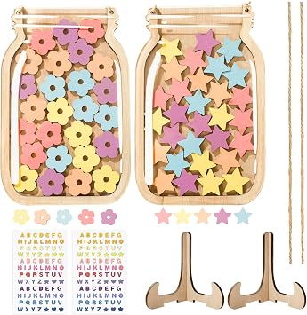 2 Pcs Reward Jar, Wooden Reward Jars for Children with 30 Stars and 30 Flowers, Good Behaviour Chart Reward Pot, Star Jar Reward System for Home School Classroom Teacher Parent with Alphabet Stickers