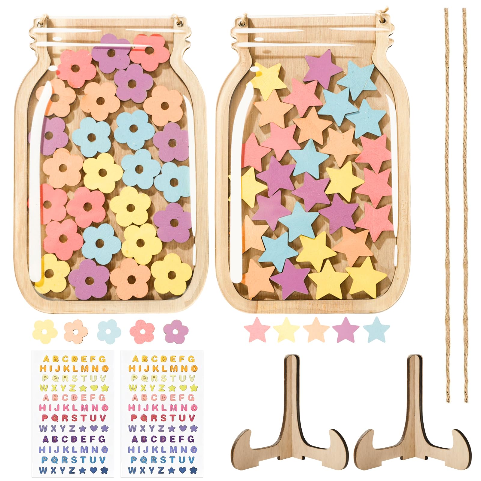 2 Pcs Reward Jar, Wooden Reward Jars for Children with 30 Stars and 30 Flowers, Good Behaviour Chart Reward Pot