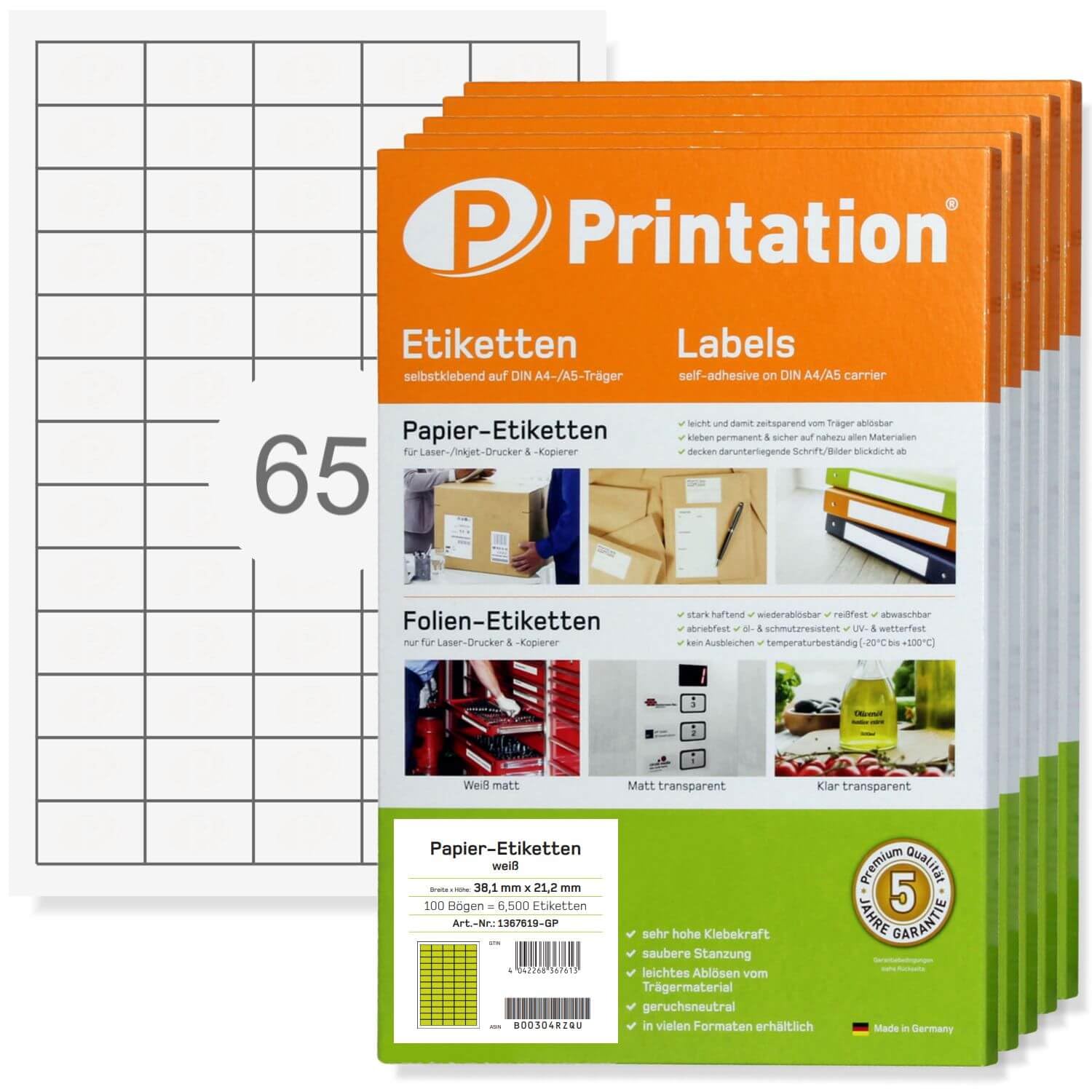 Printation Etiquetas 38,1 x 21,2 mm – 32500 etiquetas de dirección pequeñas – 500 hojas A4 de 5x13 Etiquetas autoadhesivas universales A4 pequeño – 65 etiquetas por hoja – 3666 L7651 4606