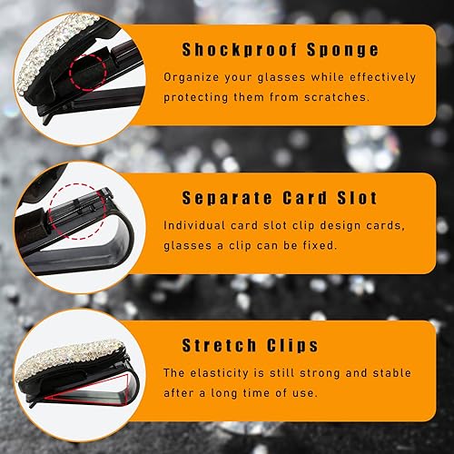 Miniatura 3 de 2 soportes para lentes para visera solar de automóvil, diamantes de imitación de cristal brillantes con clip para tarjeta de boleto, accesorios