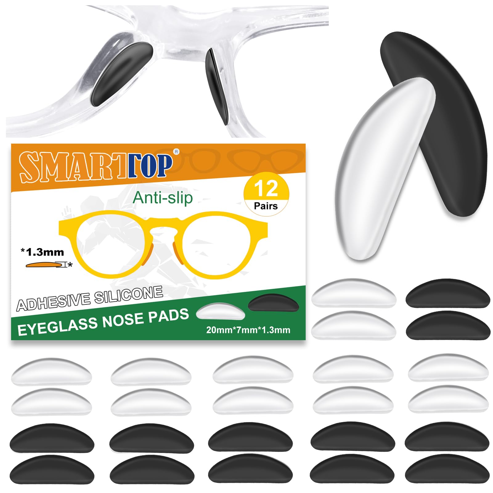 SMARTTOP Almohadilla de nariz adhesiva ultrafina de 1,3 mm, antideslizante para gafas, almohadillas de nariz con lentes de sol superadherentes, 12 pares