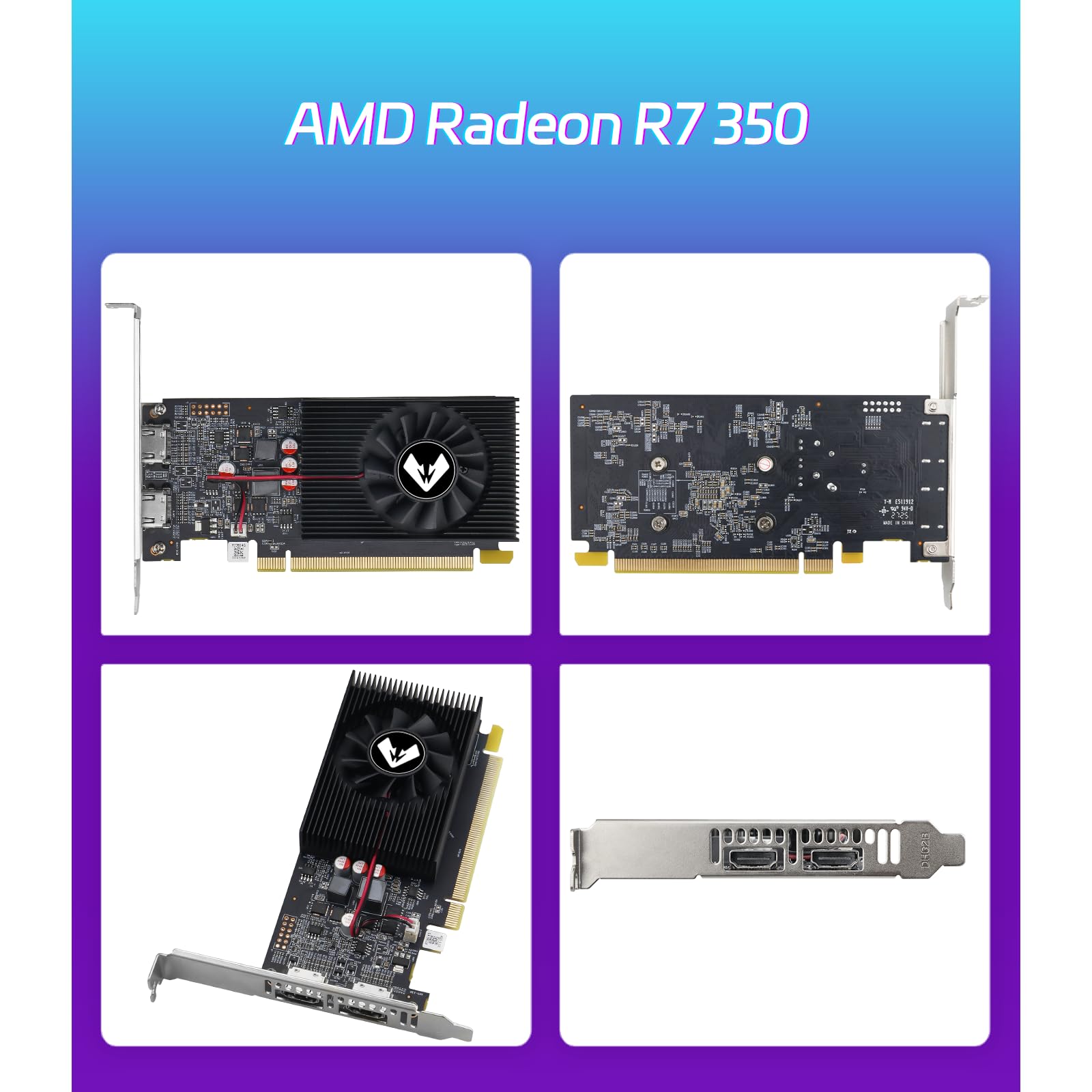 MOUGOL AMD Radeon R7 350 4 GB GDDR3 Low Profile Grafikkarte, 2 x HDMI-Anschluss | 128-Bit 512SP GPU mit halber Höhe Design für SFF Slim Desktop PCs, unterstützt Windows 10/8.1/7 (nicht Win11 kompatibel)
