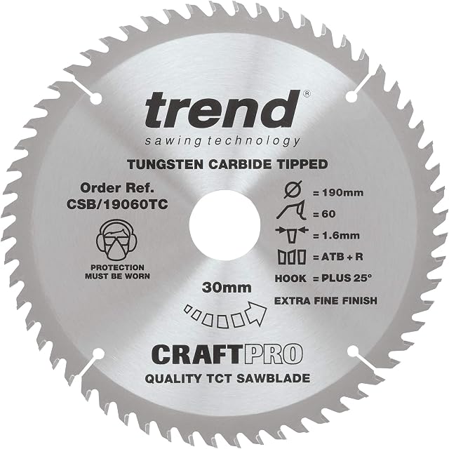 Trend CSB/19060TC Craft Pro Thin Kerf TCT Circular Saw Blade, 190mm x 60 Teeth x 30 Bore, Tungsten Carbide Tipped