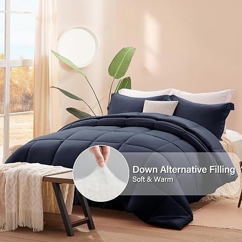 Miniatura 3 de SunStyle Home Juego de Edredón Queen Azul Marino, 3 Piezas Edredones Ligeros Tamaño Queen Sólido con Costuras en Caja Juegos de Ropa de Cama, Suave