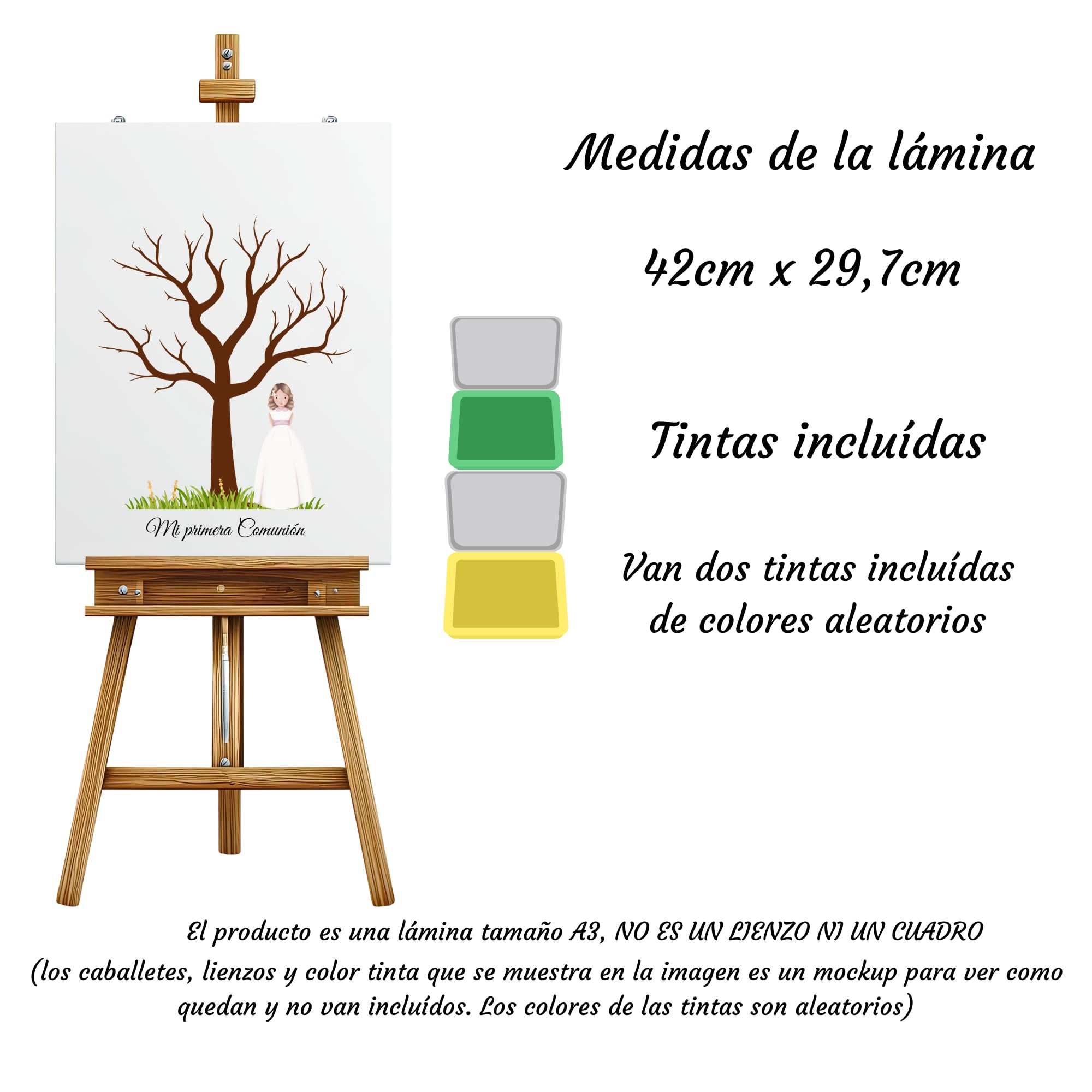 Eedama Decor Arbol de huellas comunión | lámina A3 diferentes modelos | Árbol huellas dactilar | Alternativa libro de firmas Primera Comunión | Pack con tintas incluidas (niña rubia) — view 2