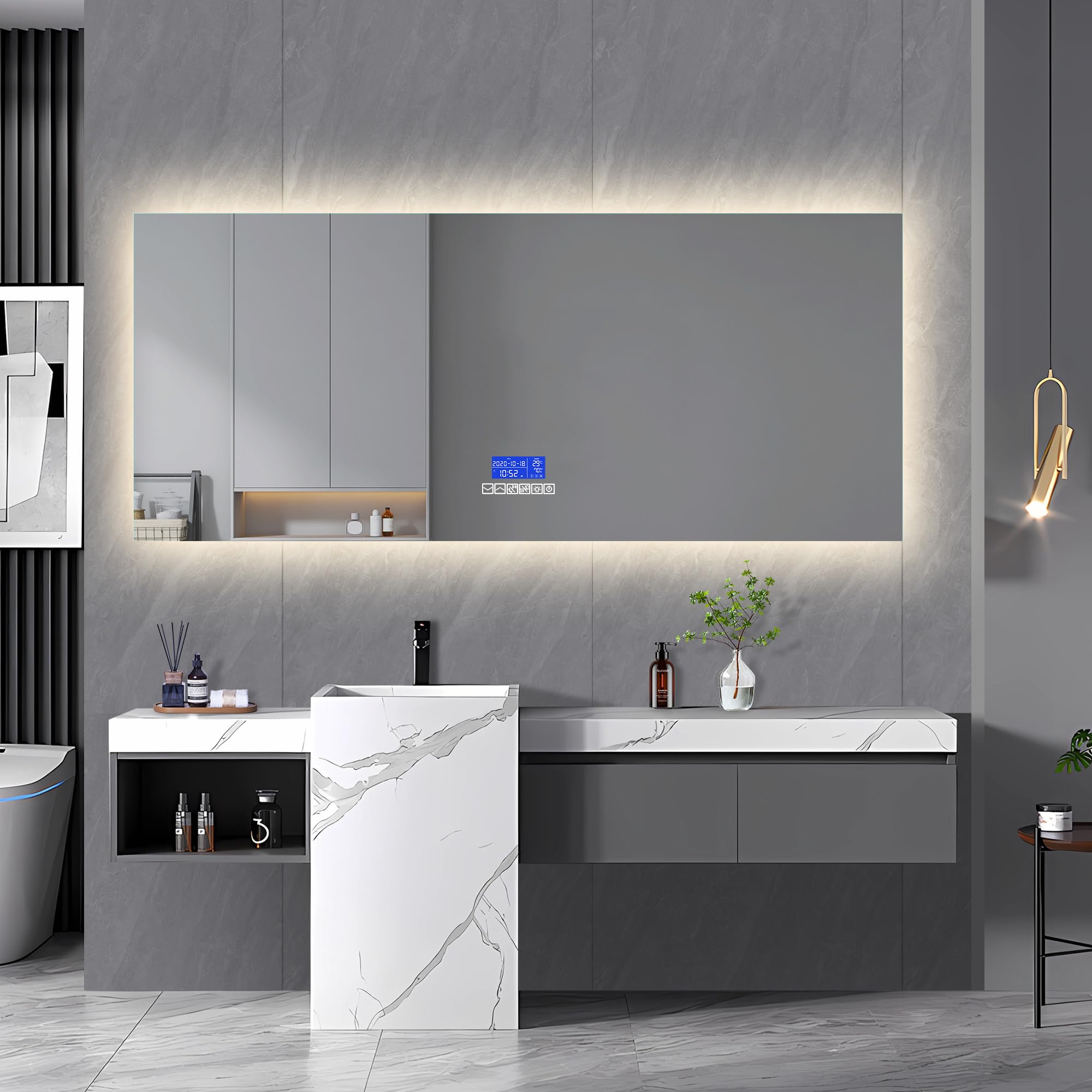 Espejo para cuarto de baño, espejo LED, 140 x 60 cm, función antiniebla, espejos LED, regulación de seis llaves, con pantalla de temperatura y barra de sonido Bluetooth, espejo moderno sin marco