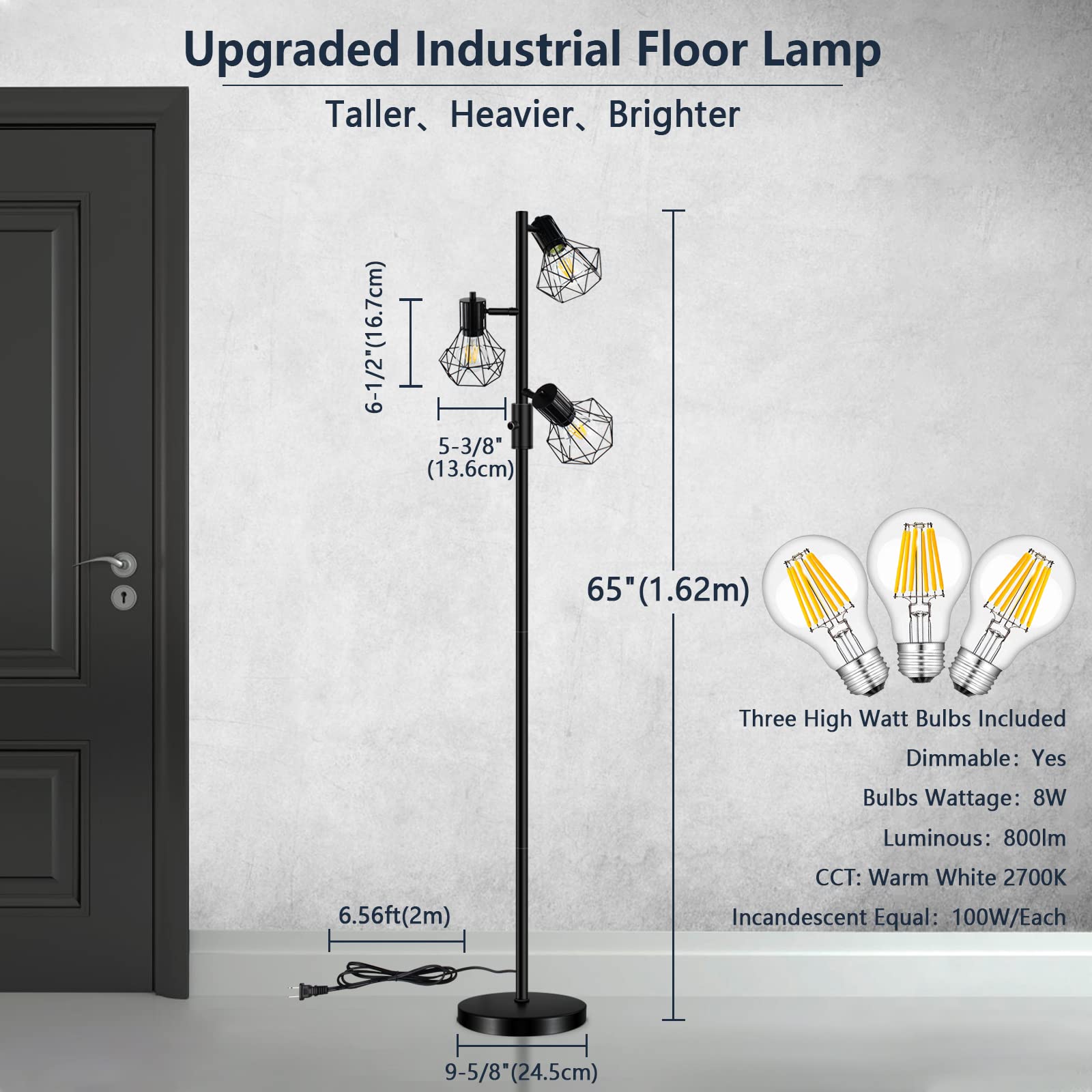 HiBay LED Stehlampe Dimmbar,Industrial Rustikale Stehleuchte 3 Flammig Schwarz Standlampe mit 3x8W 800LM E27 Lampe Leselampe für Wohnzimmer, Schlafzimmer, Büro