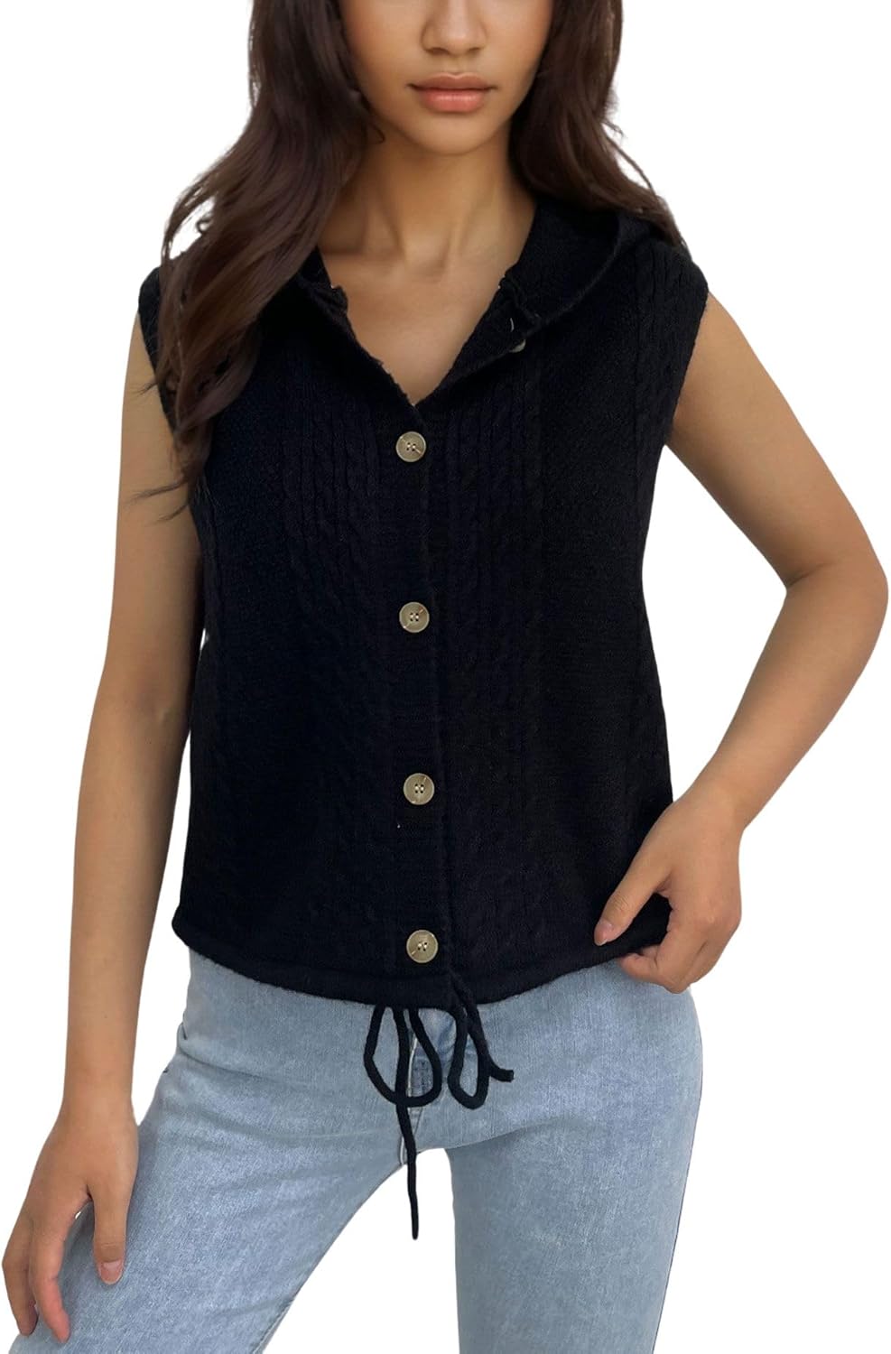 chouyatou Women's Hooded Cable Knit Sweater Vest Button Up Sleeveless Crop Vest Tank Top - Image 3