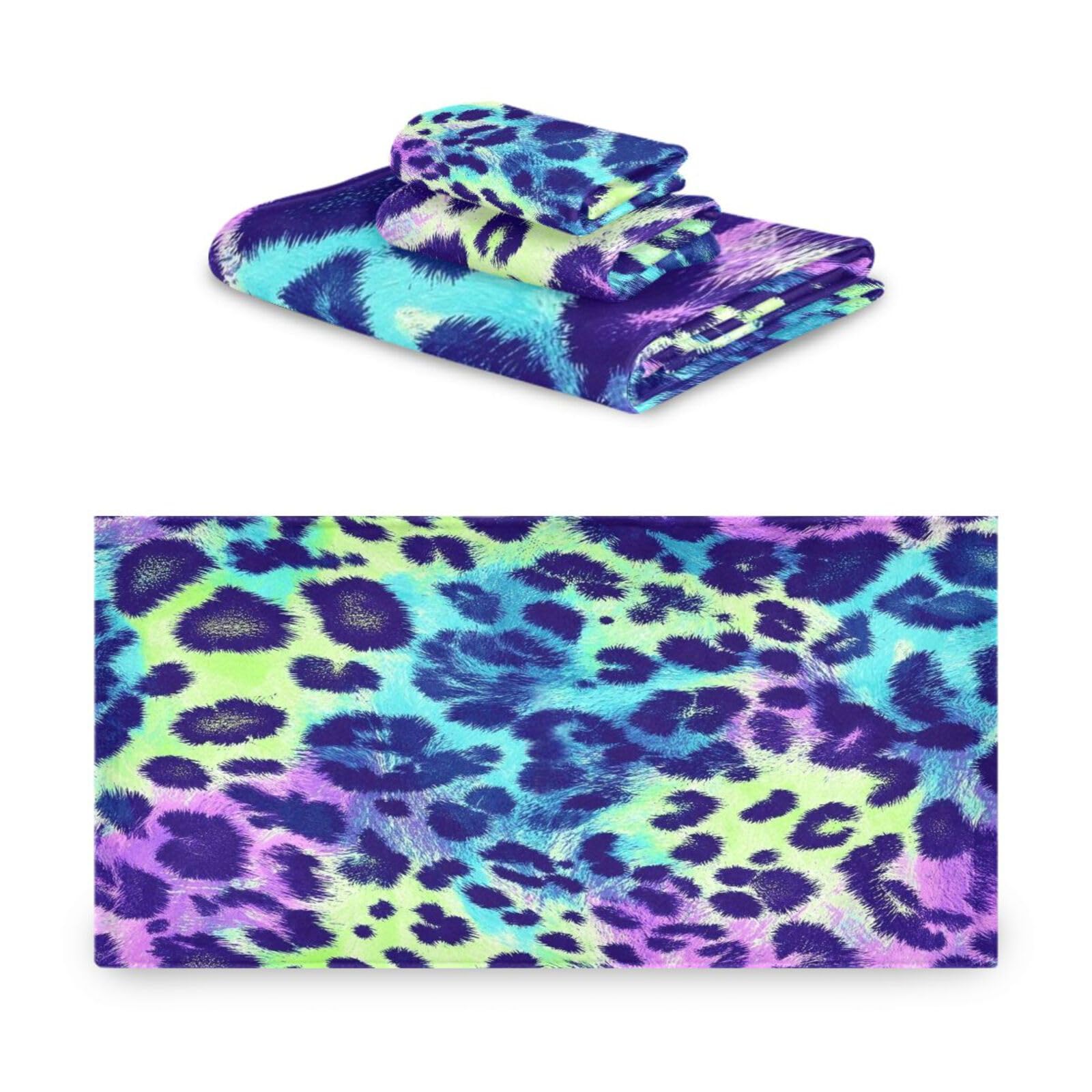 Set di 3 asciugamani colorati con stampa leopardata psichedelica decorativa, 1 asciugamano da bagno, 1 asciugamano per mani, 1 panno per spiaggia, capelli, viso, palestra, nuoto, cucina