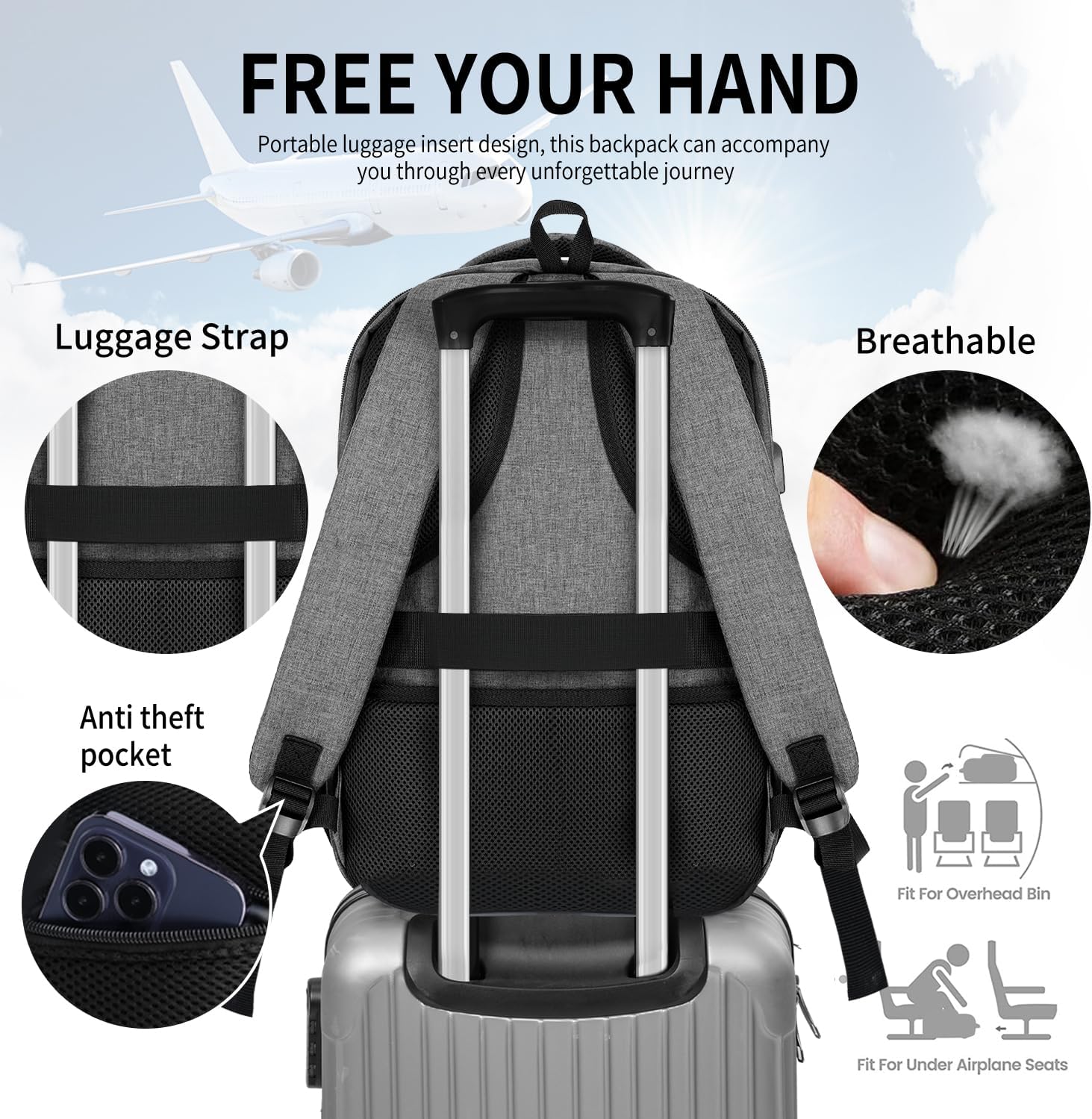 School Backpack for Boys Teens, Backpack for Men Women, 15.6 Inch Laptop Backpacks with USB Port, Water Resistent book bag, Work College Student Bookbag, back pack, Grey - Image 6