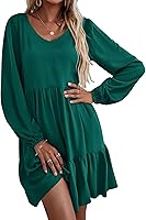 HOTOUCH Women's V-Neck Tiered A-Line Swing Dress with Pockets - Long Sleeve Casual Flowy Ruffled Fit