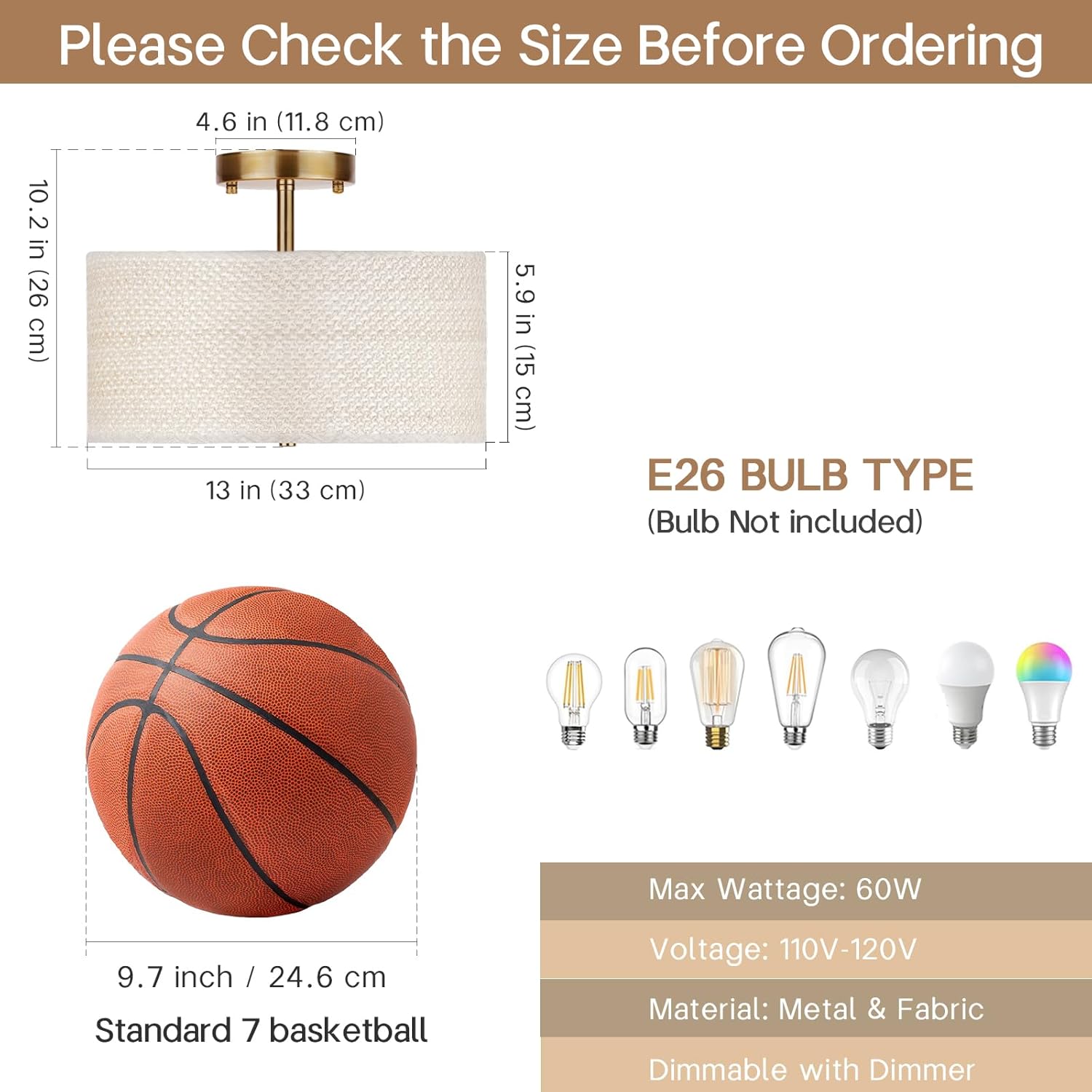 13" Boho Rattan-Style Semi Flush Mount Ceiling Light Fixture, 3-Light Modern Fabric Shade Drum Lamp, White Rustic Lighting for Bedroom, Kitchen, Dining Room, Living Room, Hallway, Entryway
