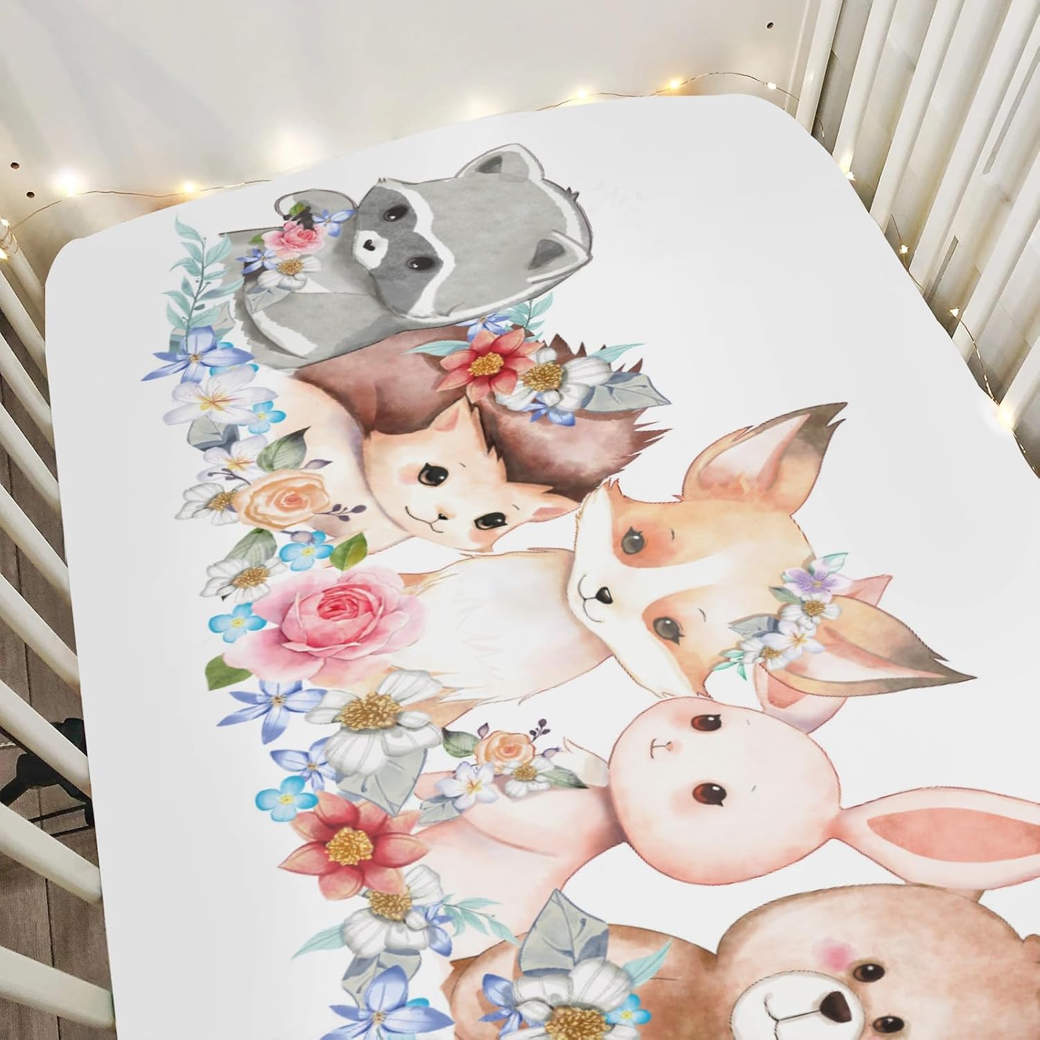Cute Animals Spring Baby Crib Sheets for Boy Girl 52"x28" Bear Bunny Hedgehog Raccoon Fox Floral Soft Snug Fitted Crib Mattress Cover Forest Animal Baby Sheet for Standard Crib & Toddler Bed Mattress
