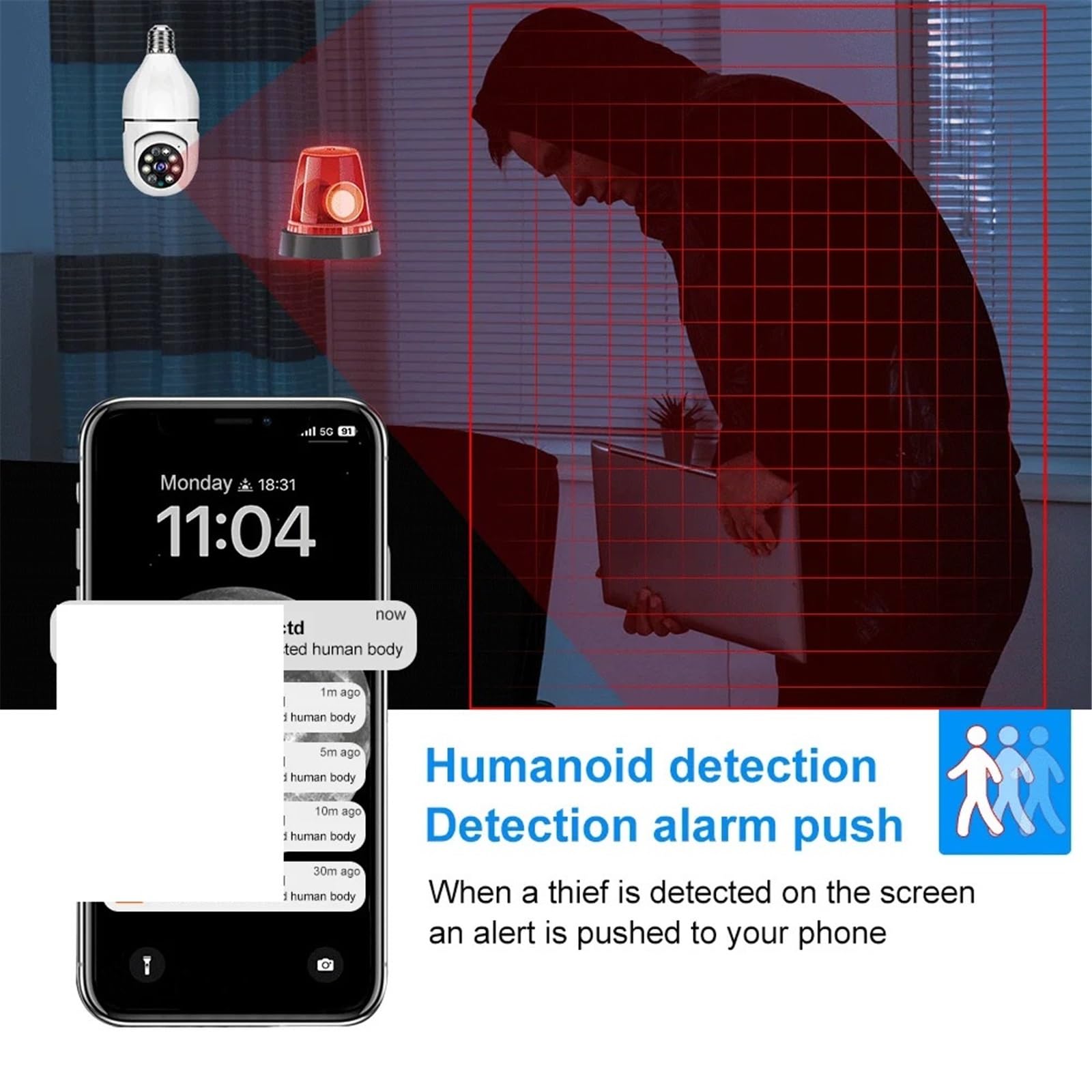 WiFi 5G Ampoule Double Bande 2MP caméra bidirectionnelle Voix AI détection Humaine Vision Nocturne E27 Protection de sécurité Surveillance Installation Polyvalente(5MP Cam 64G Card)