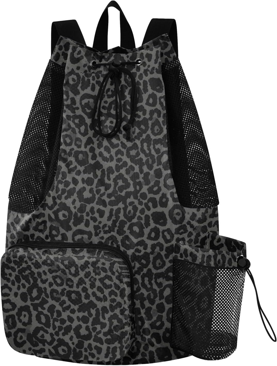 Bolaz Beach Drawstring Backpack Mesh Swim Bag for Women Men Gray Leopard Cheetah Swimming Gym with Wet Pocket Packable Sports