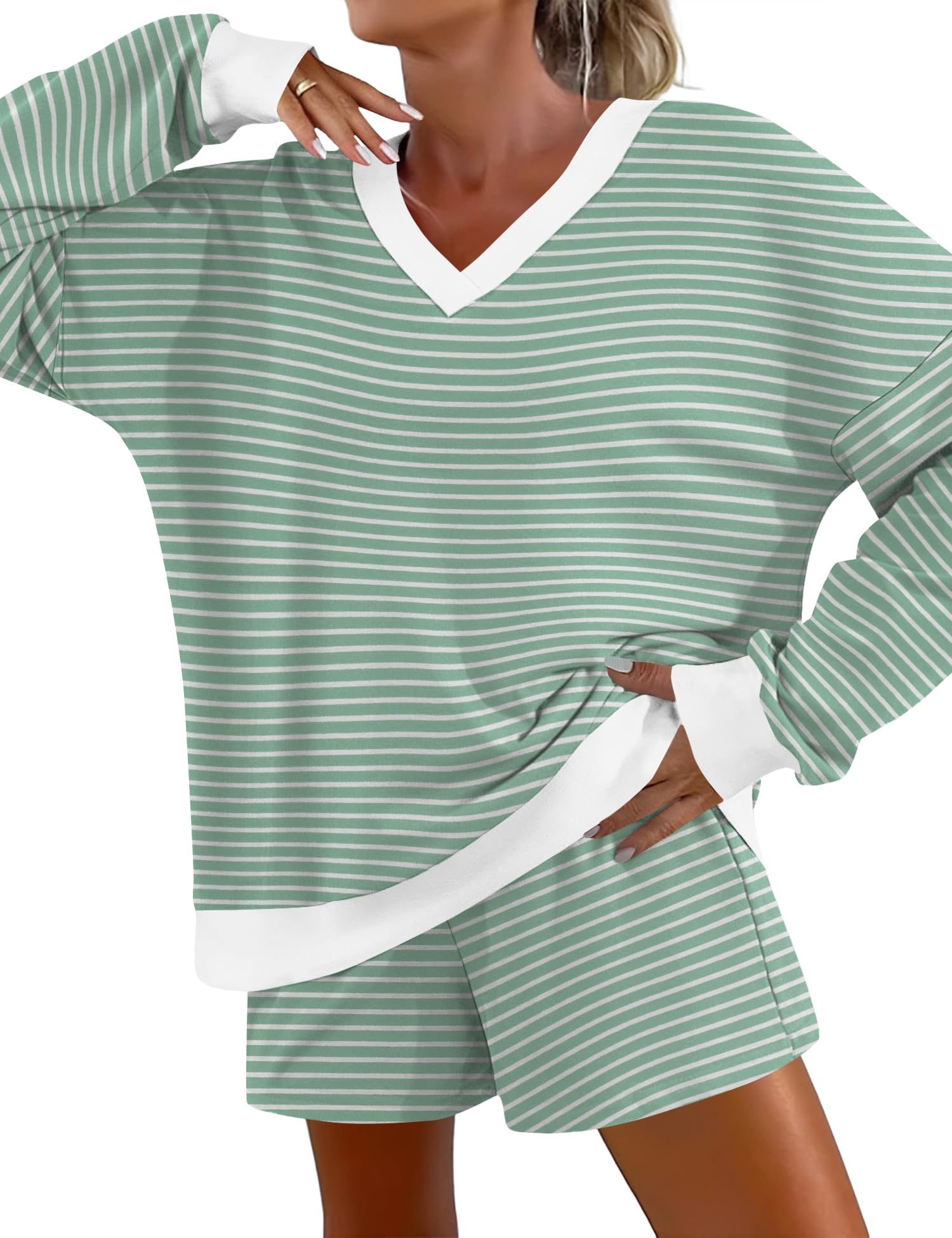 AKEWEI Womens Pajama Sets V Neck Long Sleeve Top and Shorts Cozy Loungewear with Pocket
