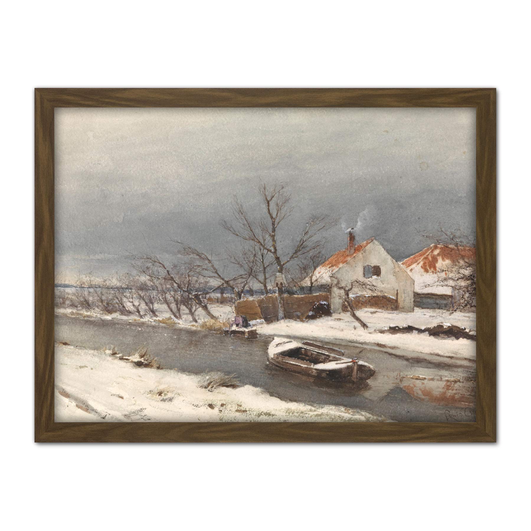 Artery8 Louis Apol Winter Landscape Houses Canal Painting Artwork Framed Wall Art Print 18X24 Inch