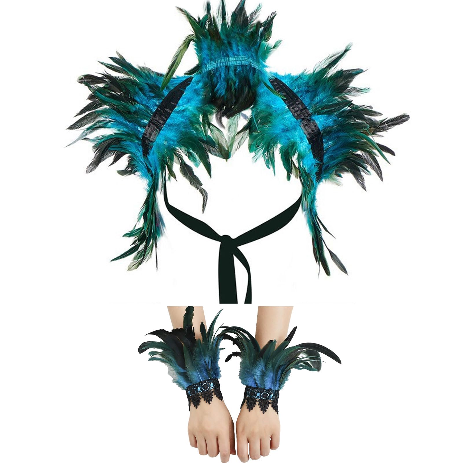 GWAWG Women Natural Feather Cape with Wrist Cuffs Wristband Maleficent Costume Gothic Lacing Shawl Shrug Collar Feather Cape for Halloween Cosplay Christmas Party (Blue)