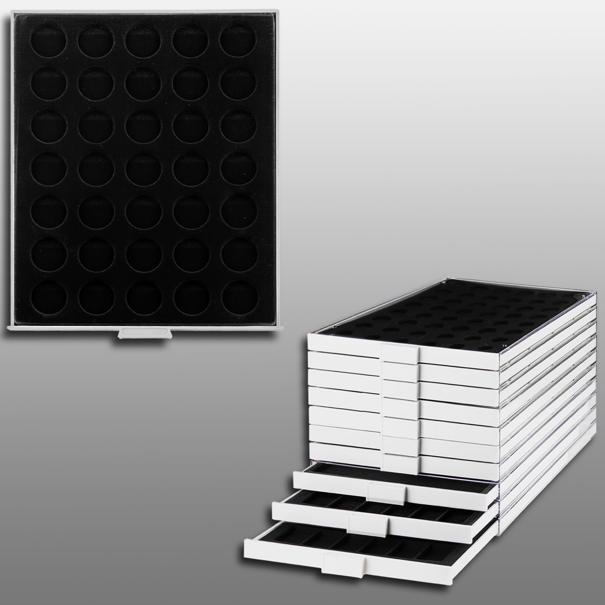 Prophila coin box gray 35 round compartments for 10/20-Euro-coins or coins up to 32,5 mm, black insert, 237 x 296 x 22 mm