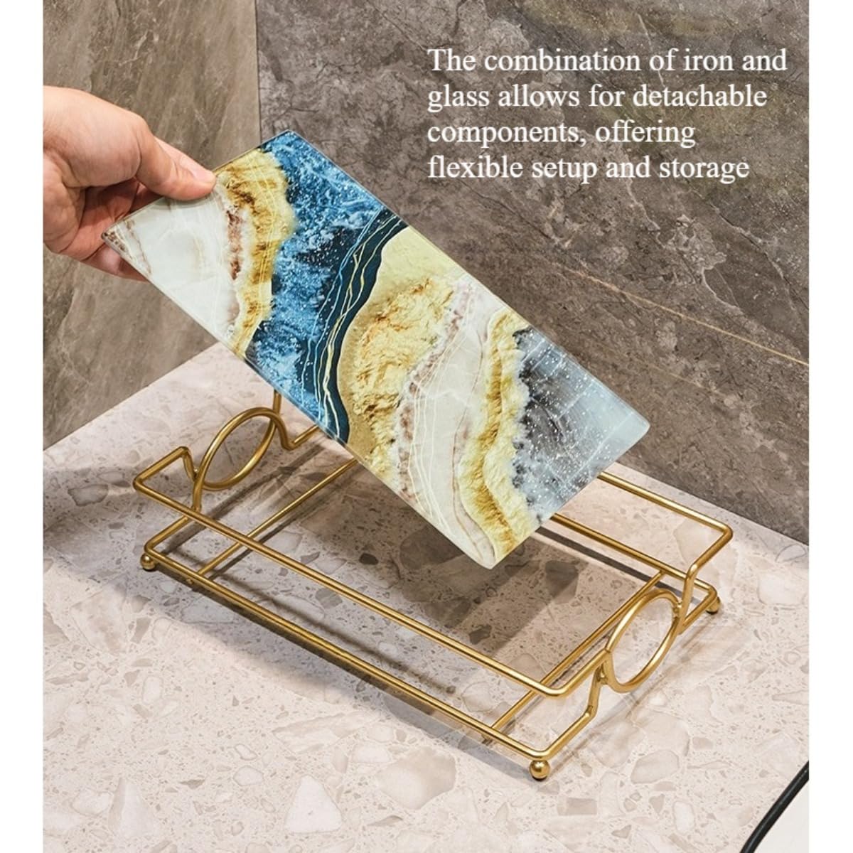 Wodoodporny nierdzewny pojemnik prysznicowy bez wiercenia, półka łazienkowa do przechowywania z marmurowym szkłem, szybki drenaż, do domu, stylowy biały (rozmiar S)