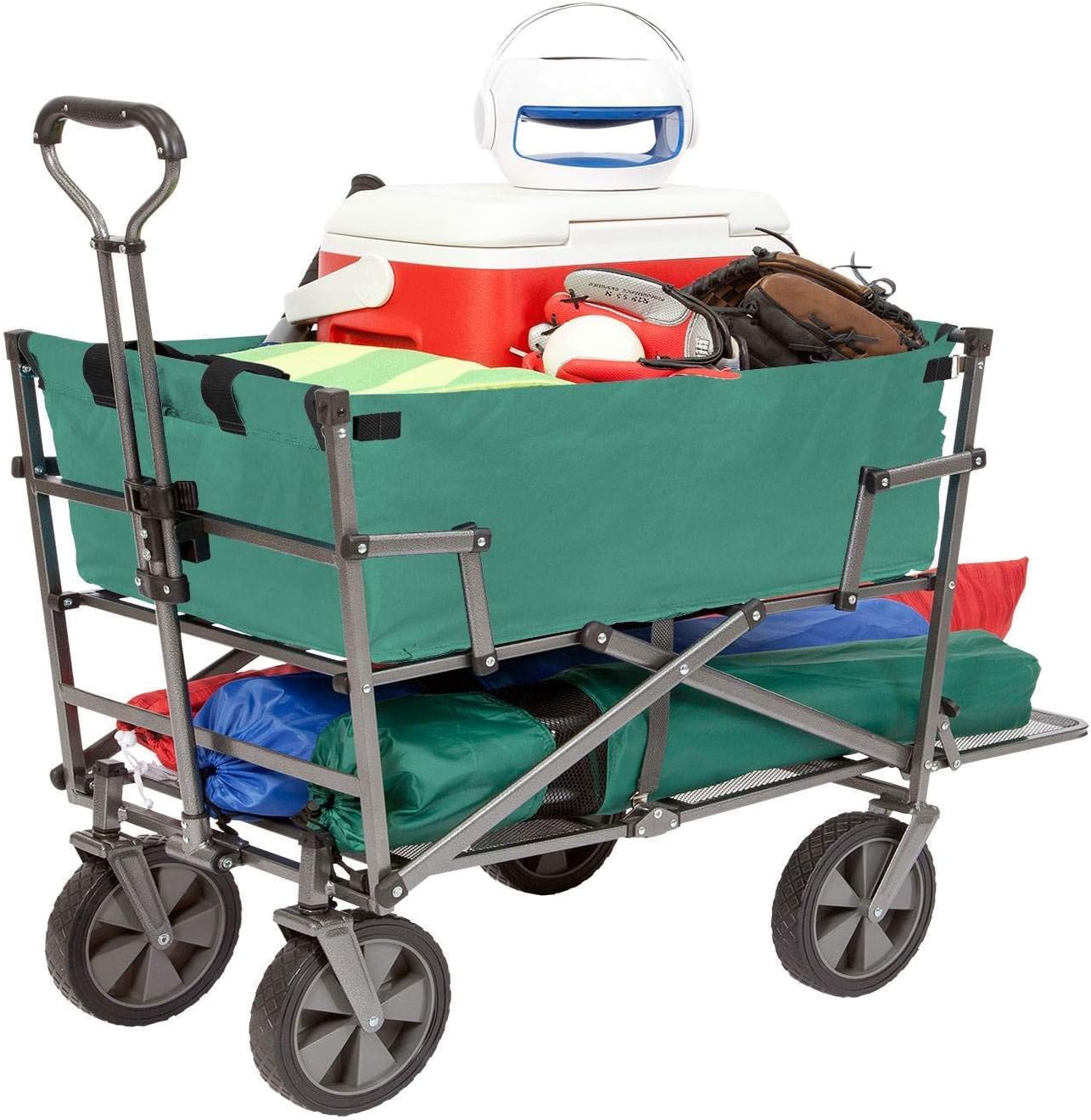 Double Decker Heavy Duty Steel Frame Collapsible Outdoor 150 Pound Capacity Yard Cart Utility Garden Wagon with Lower Storage Shelf, Green