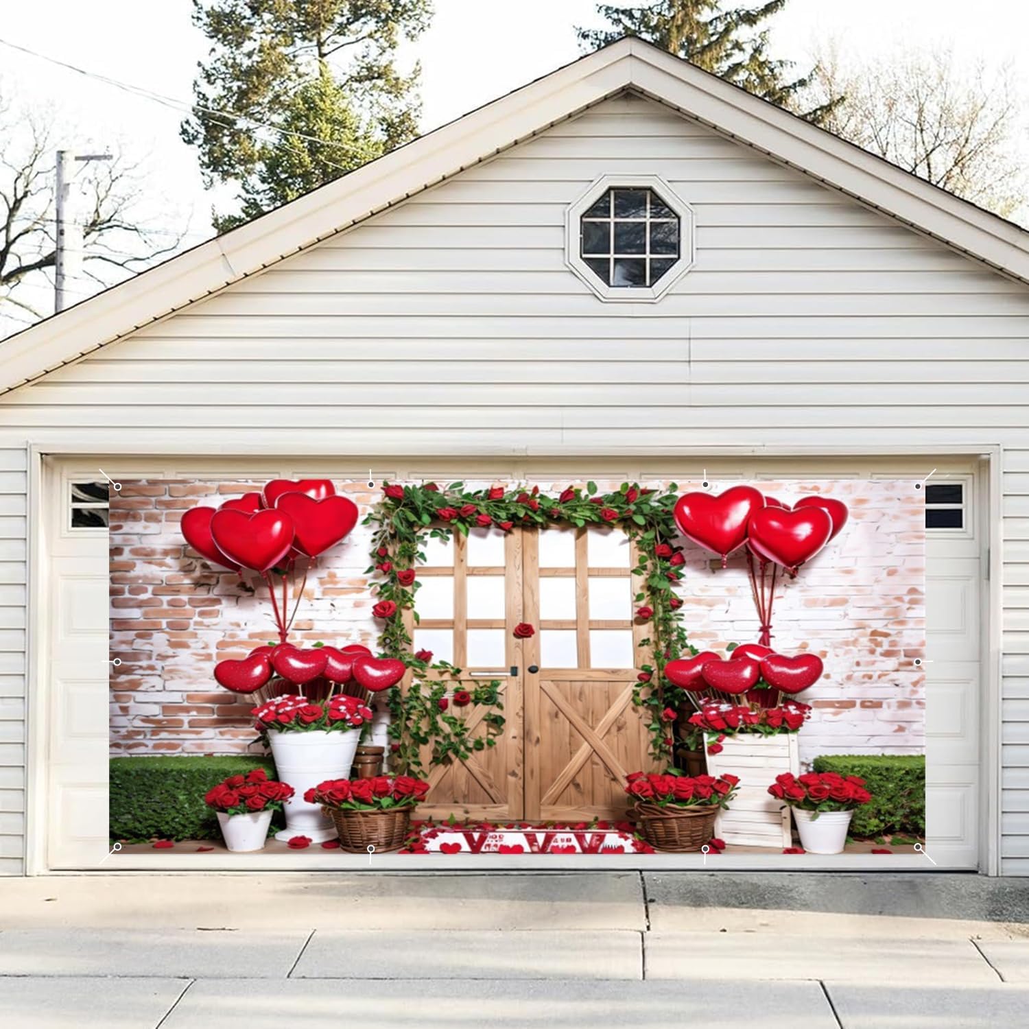 Large Valentine's Day Garage Door Banner Decorations Backdrop 7 x 16 ft Valentine Rose Wood Door Garage Door Cover Red Love Heart Balloon Wedding Bridal Shower Party Garage Door Decorations