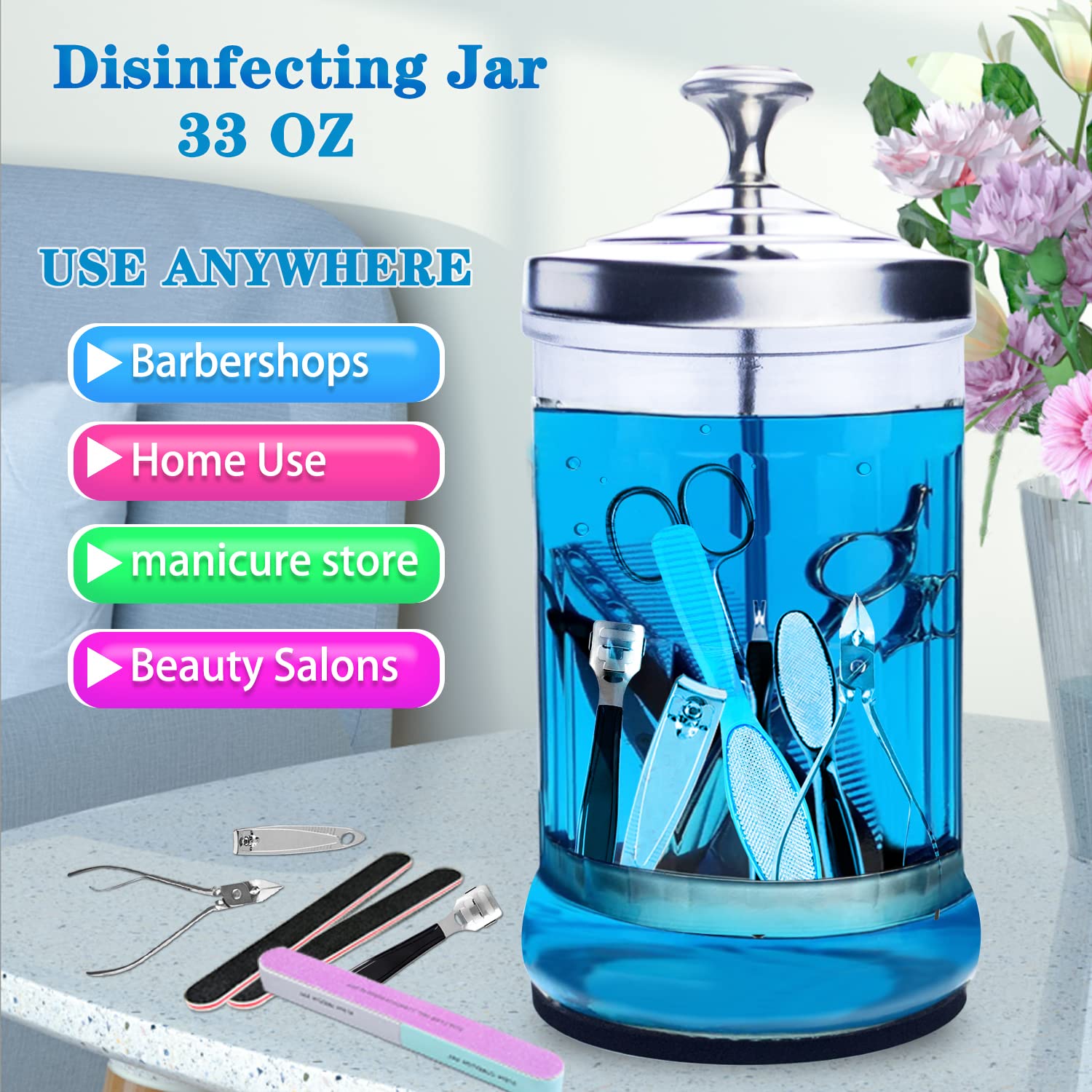 Słoik do dezynfekcji, 940 ml, słoik do dezynfekcji manicure, mały szklany słoik do dezynfekcji artykułów fryzjerskich, słoik do dezynfekcji manicure, ze zdejmowanym koszem na narzędzia do