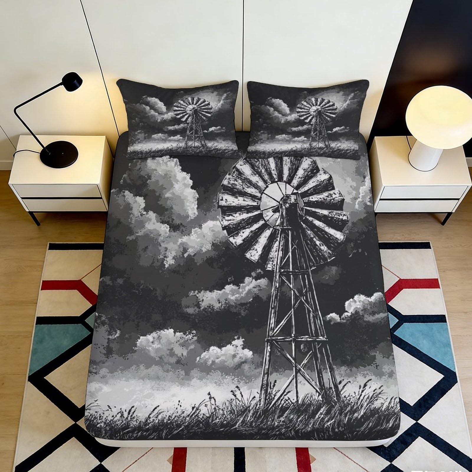 3D Printed Windmill Sky Fitted Sheet Microfiber Soft Artistic Black Grey Bed Cover for Bedroom Guest Room Decor 90x200x25cm