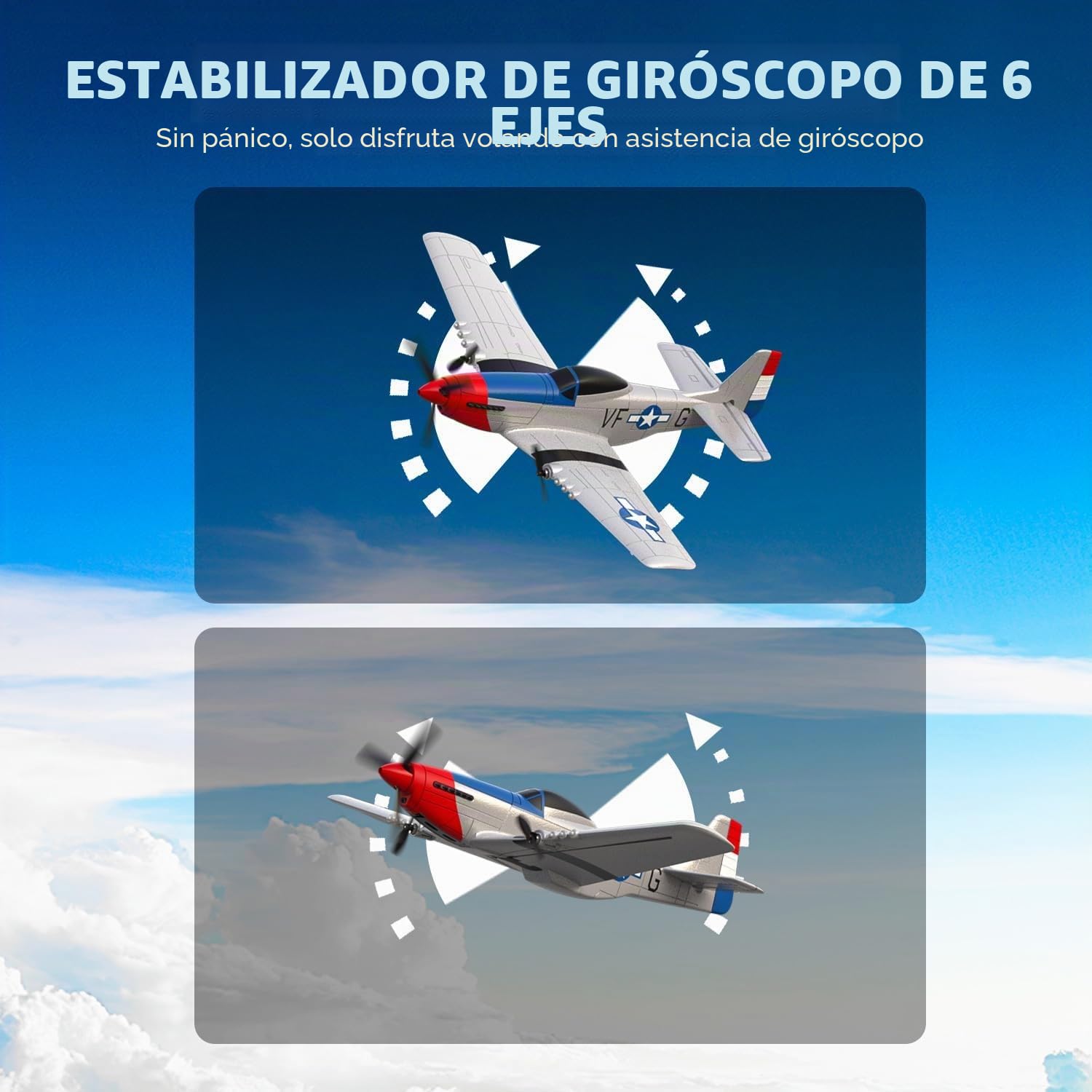 volantexrc P51D Mustang 3 Canales Avión Controlado por Radio RTF con 2 Baterías 3CH RC Plane RTF RC Juguete Planeador para Principiantes, Niños, Adultos