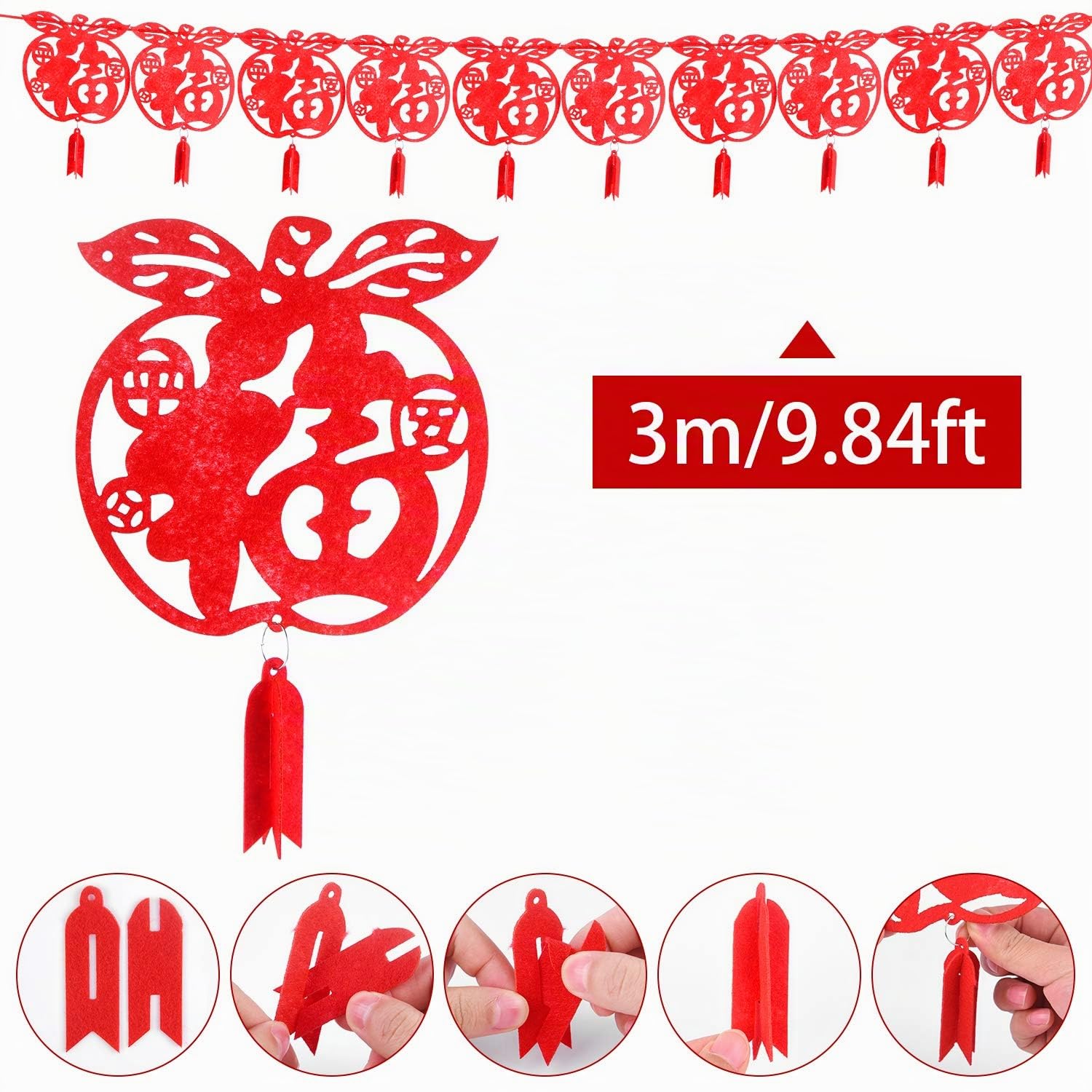 TUPARKA Lot de 12 décorations du Nouvel An chinois : guirlande de dragons, lanternes en papier rouge, guirlande à suspendre pour le Nouvel An lunaire chinois
