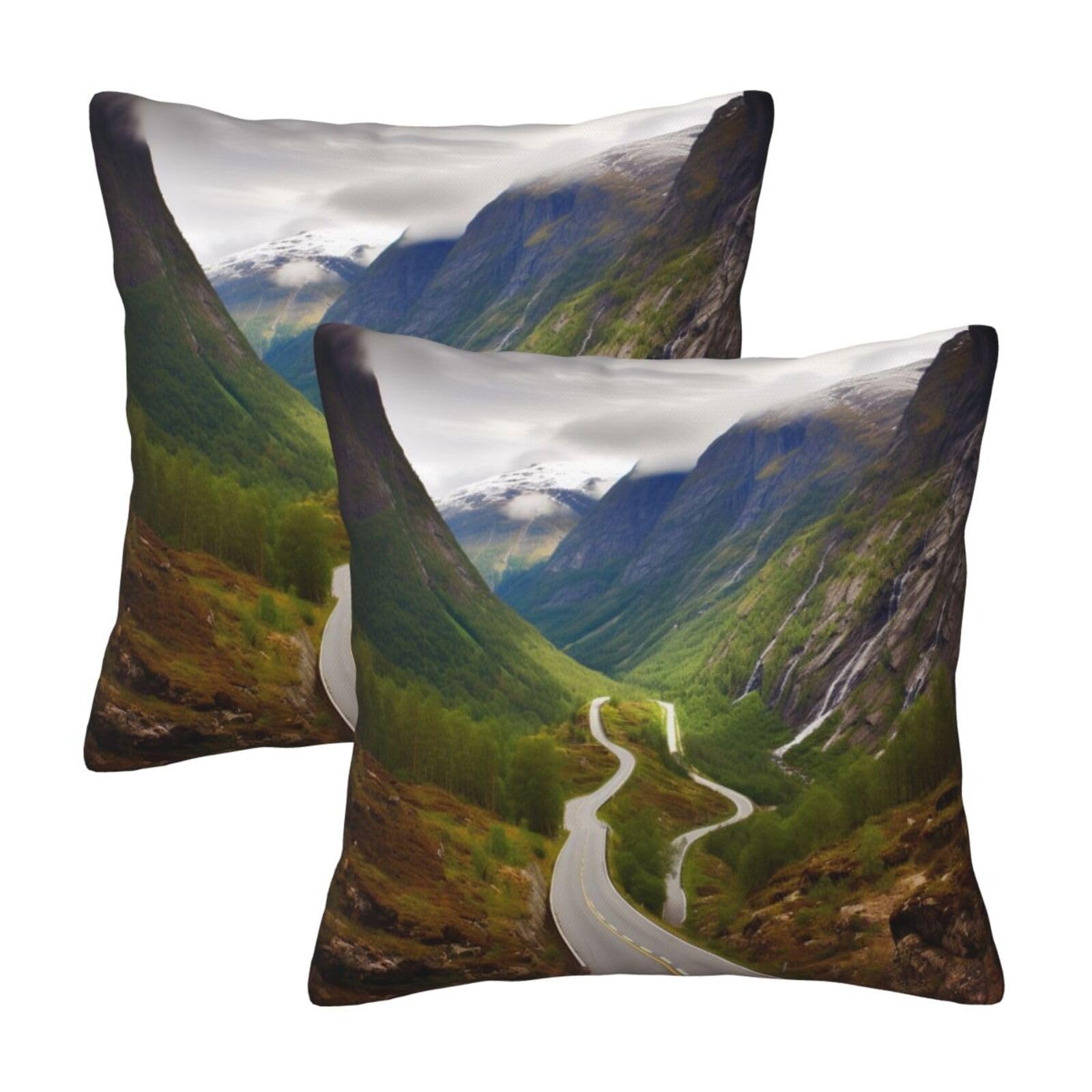 Mountain Road Norway Throw Pillow Cases 2 Pack Square Pillowcases Soft Pillow Protectors for Couch Livingroom Sofa Bed Office Car,50x50 CM
