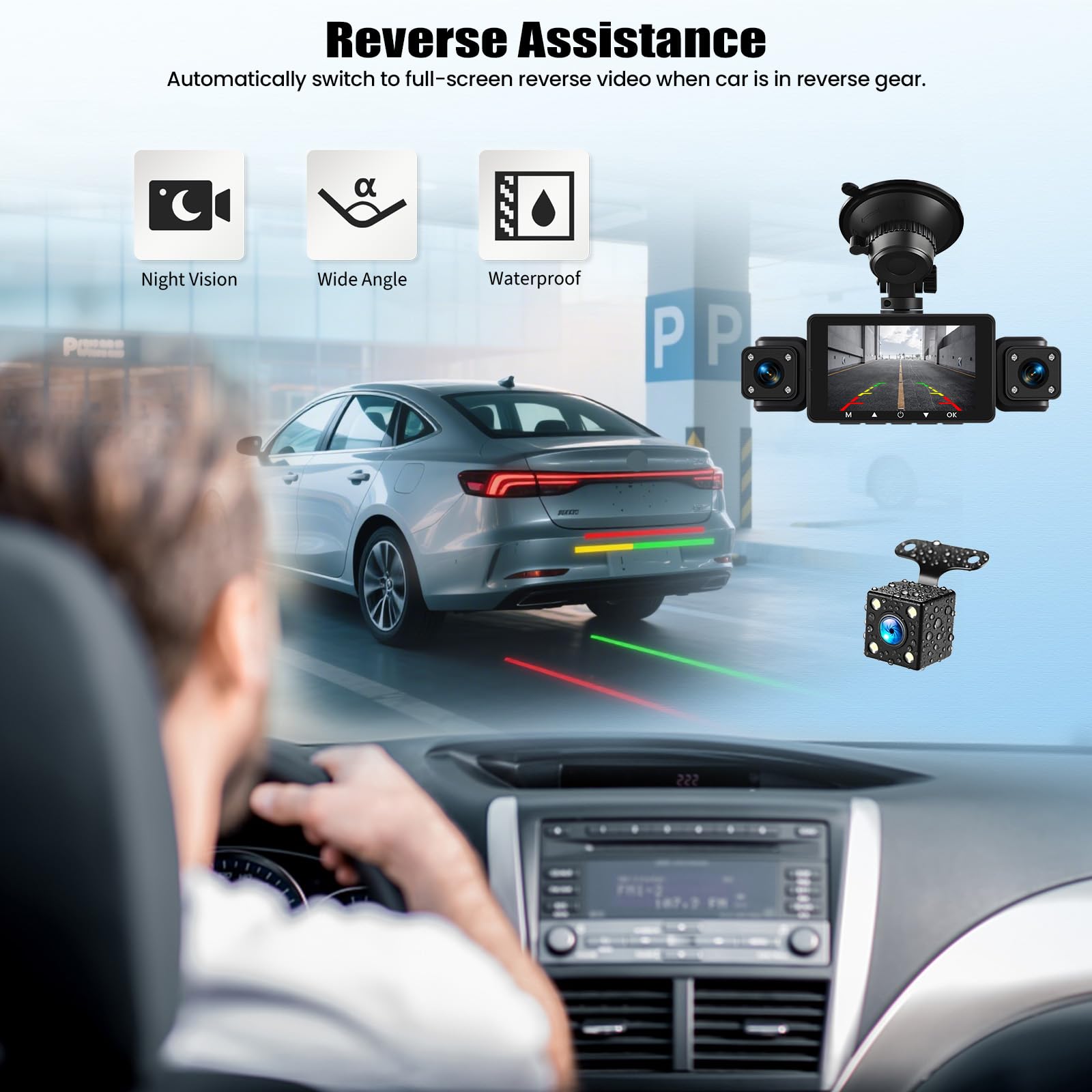 OiLiehu 4 Canales Cámara para Salpicadero 3 Pulgadas para Coches, Resolución 1080P + 480P, Cuatro Lentes con G-Sensor, Visión Nocturna, Grabación en Bucle, Asistencia Aparcamiento, Wi-Fi Aplicación
