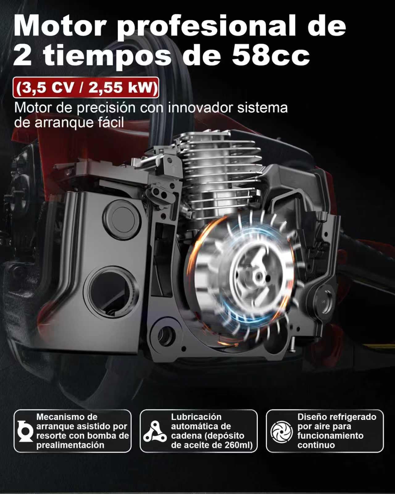 Motosierra de gasolina 58CC profesional, motosierra de 2 tiempos, motor de 3,5 HP con espada de 20 y 16 pulgadas, 2 cadenas, sierra de gasolina para el cuidado de árboles, tala y jardinería.