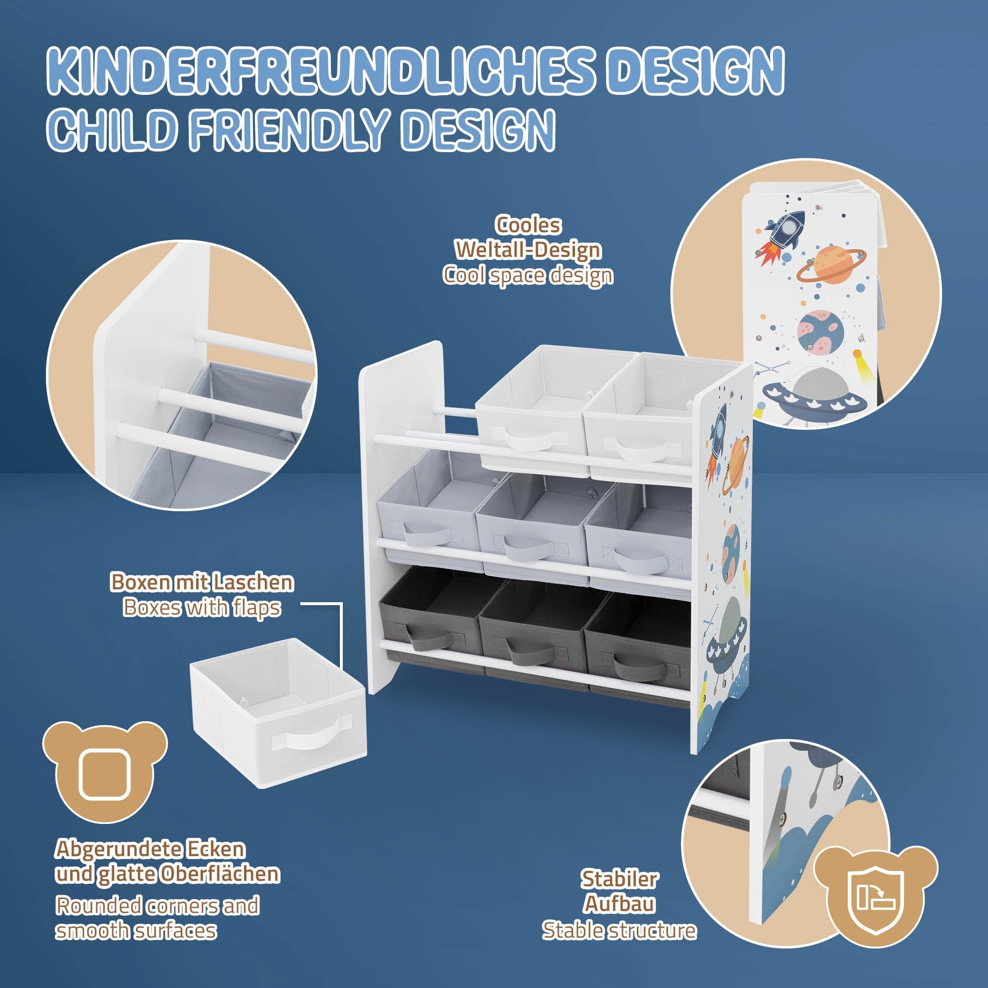 Joyz Libreria per Bambini 62,5 x 29,5 x 60 cm Scaffale con 3 Ripiani Organizzatore per Giocatoli con 9 Scatole in Tessuto Mobiletto per la Stanzina dei Bambini Design con Tematica Spaziale