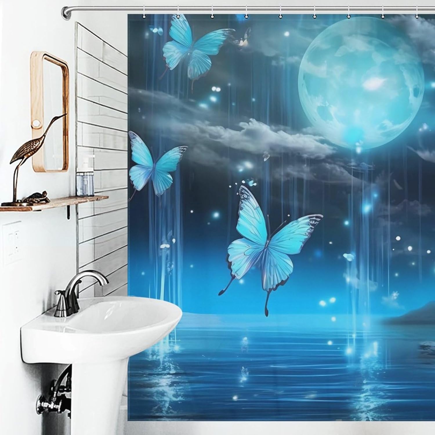 Psychedelic Teal Butterfly Full Moon Funny Shower Curtains Washable Bath Curtain Liner with Hooks for Bathroom Bath Tubs