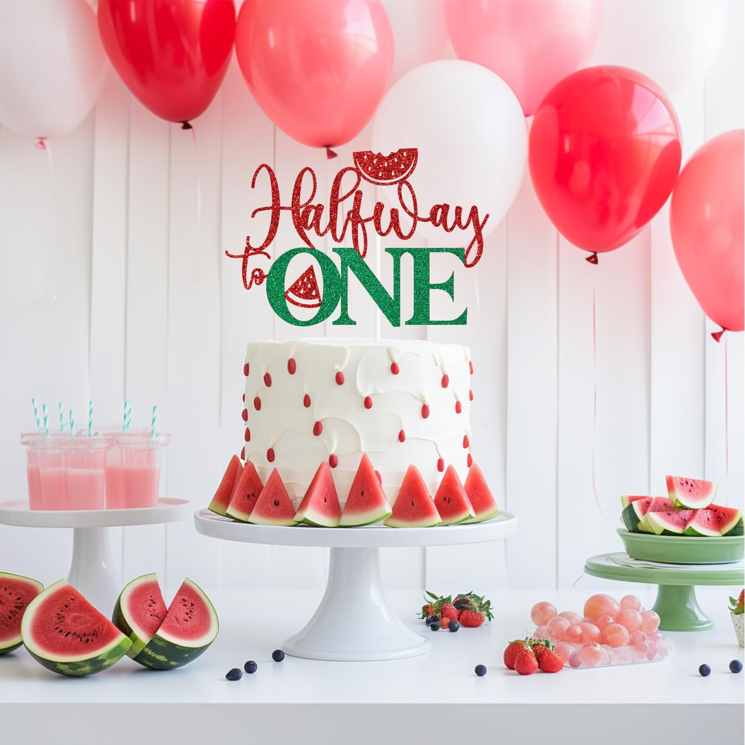 Red Glitter Half Way to One Cake Topper, Watermelon Sweet 6 Months Cake Décor, Summer Luau Hawaiian Watermelon Themed Baby's 1st Birthday Party Decorations Supplies