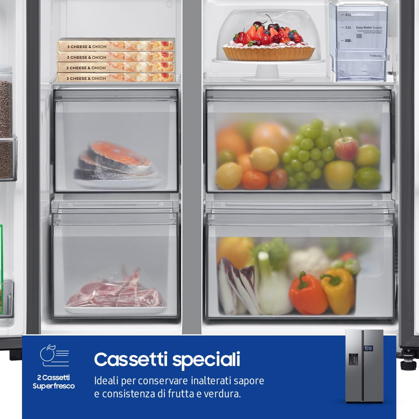 Samsung Frigorifero Side by Side AI Home F-RG90F65EDT3M, Dispenser Acqua/Ghiaccio Senza Allaccio, Wifi con AI Energy Mode, SpaceMax, 3 Mesi Garanzia Extra, 614 L, LxAxP: 91,2 x 178,4 x 72,6 cm, Inox