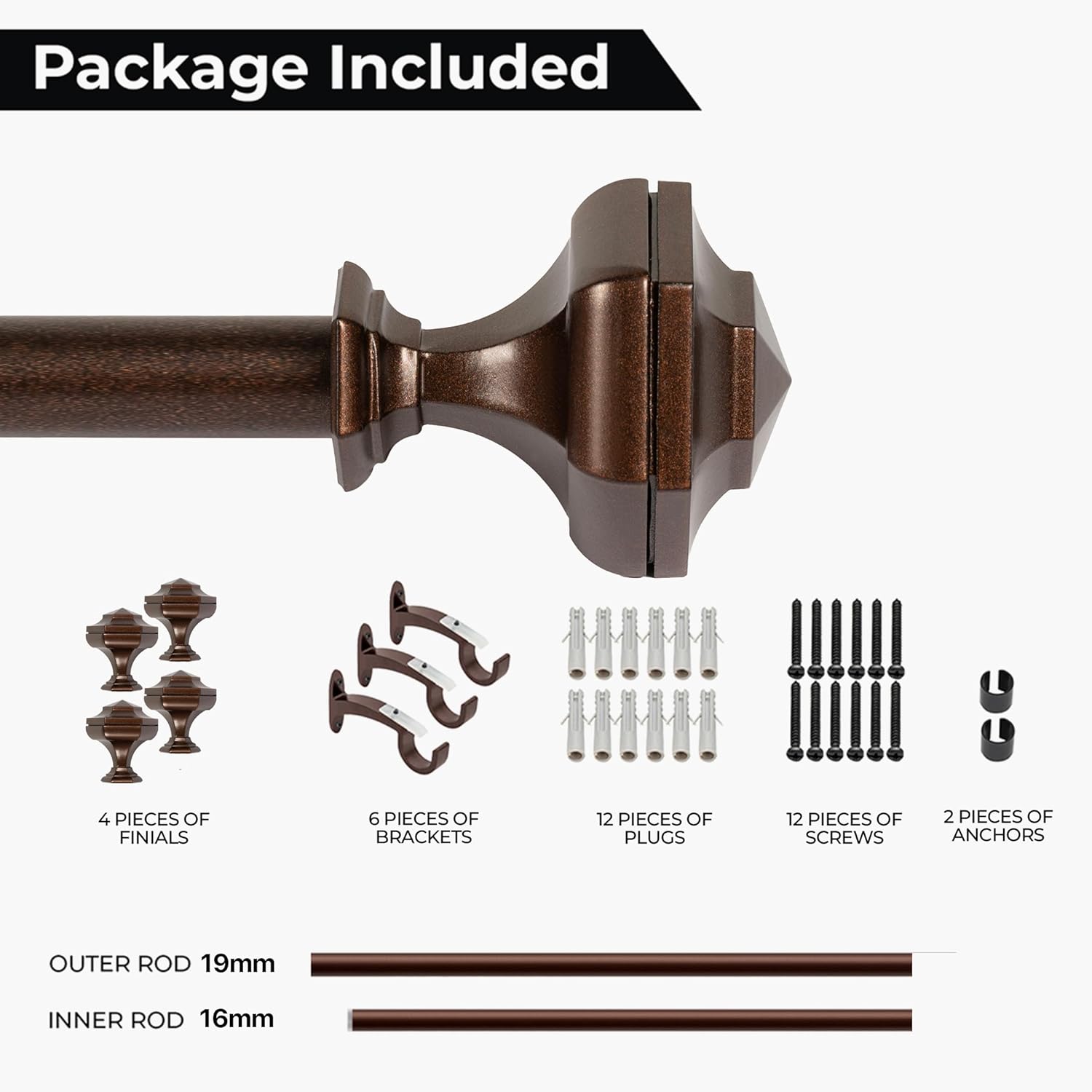 Deco Window Adjustable Curtain Rod for Windows 18 to 44 Inch (Pack of 2) Extendable Heavy Duty 3/4 Inch Iron Drapery Pole with Finials Wall Mounted French Door Curtain Rods (Brown)