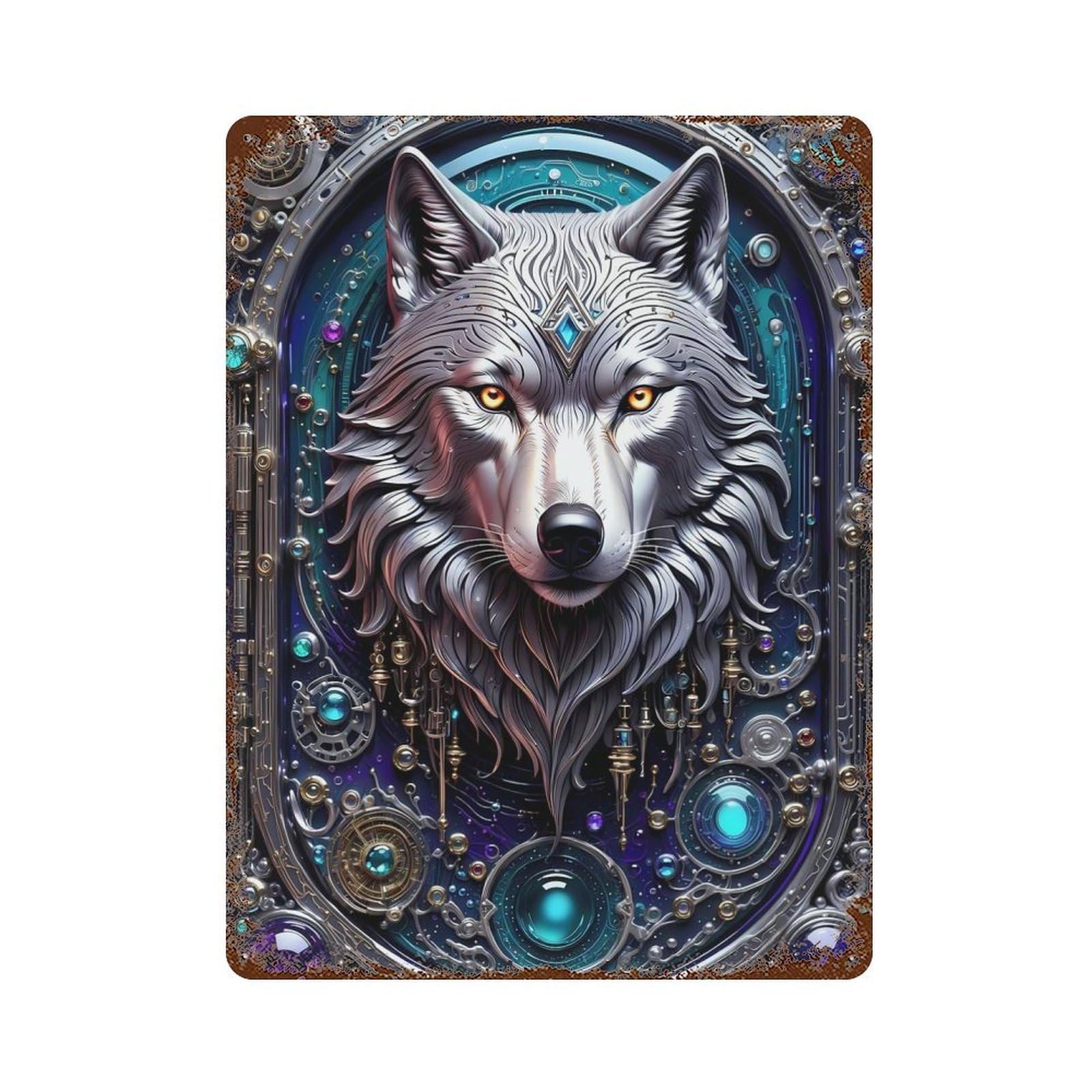 Galactic Wolf Chronicles 15.7"x11.8" Vintage Rust Metal Sign, Novelty Wall Decor for Living Room, Hallway And Home Decor