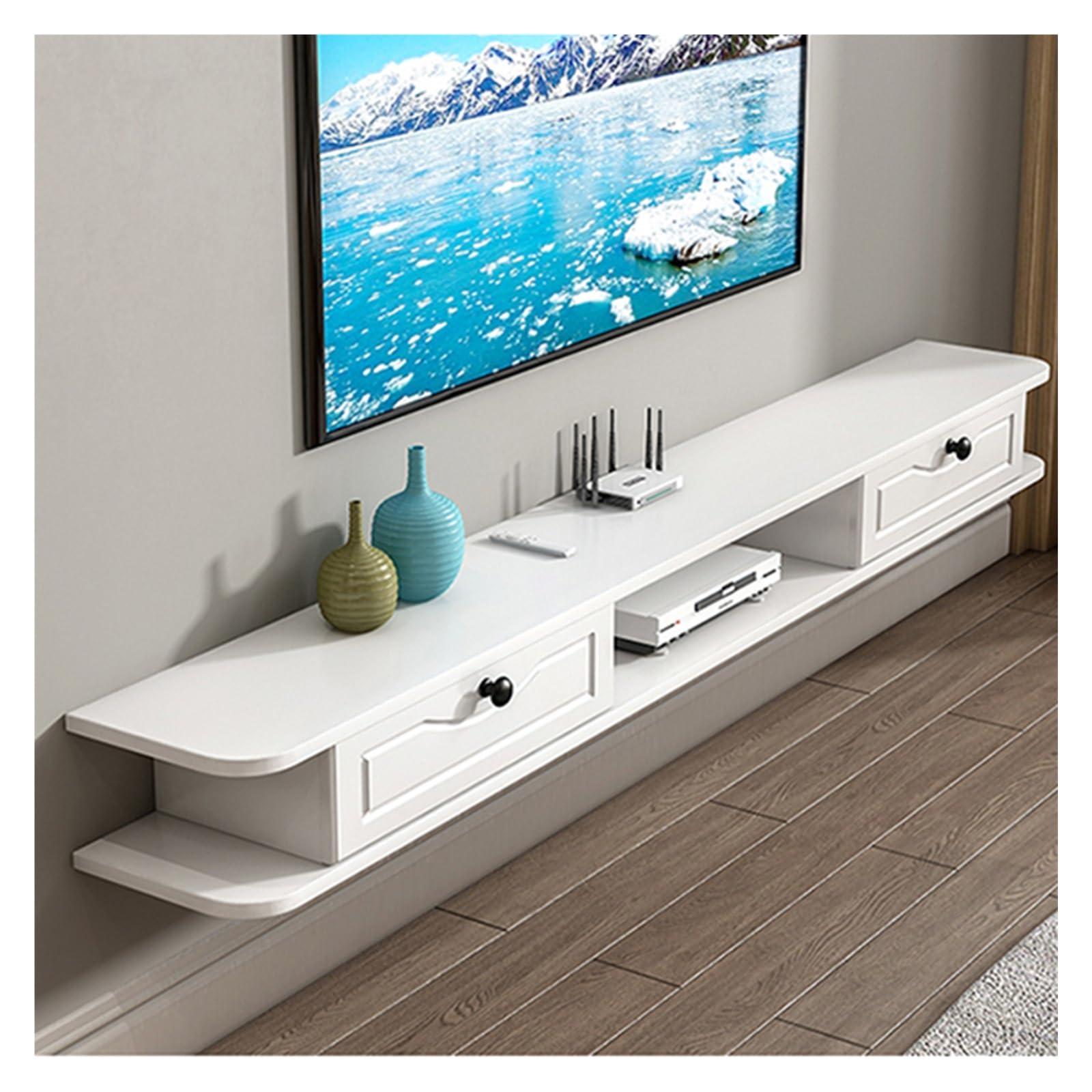 Meuble TV flottant élégant en bois laqué, design raffiné pour décoration intérieure haut de gamme