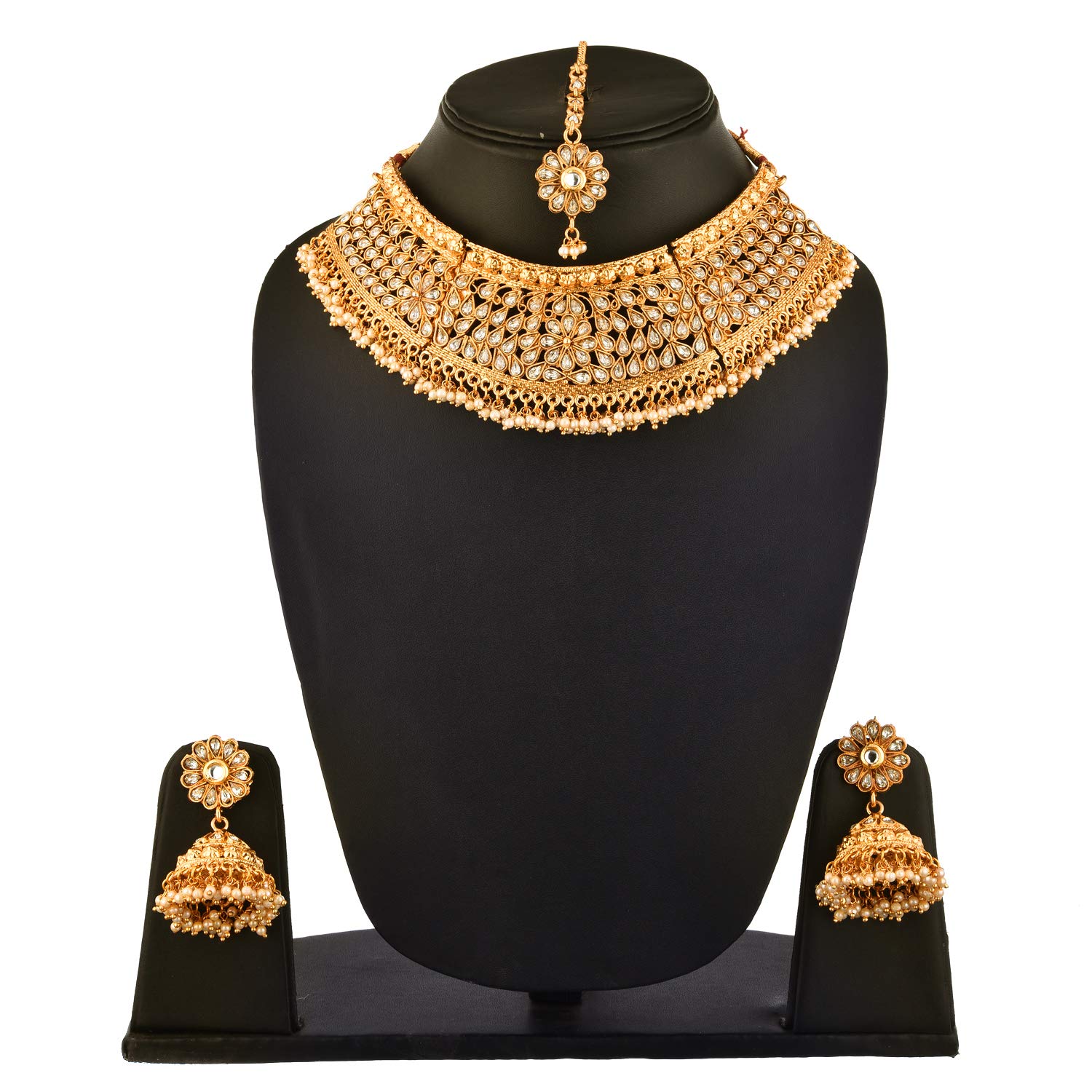 Kundan and Pearl Choker Necklace Set with Maang-Tikka
