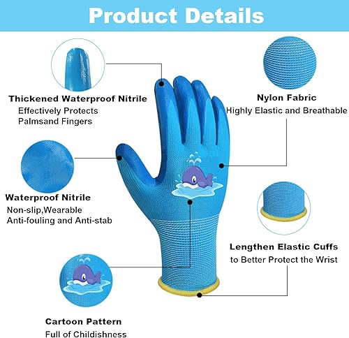 Miniatura 2 de Guantes de jardinería para niños de 3 a 12 años, guantes de trabajo con revestimiento de goma para jardín y patio