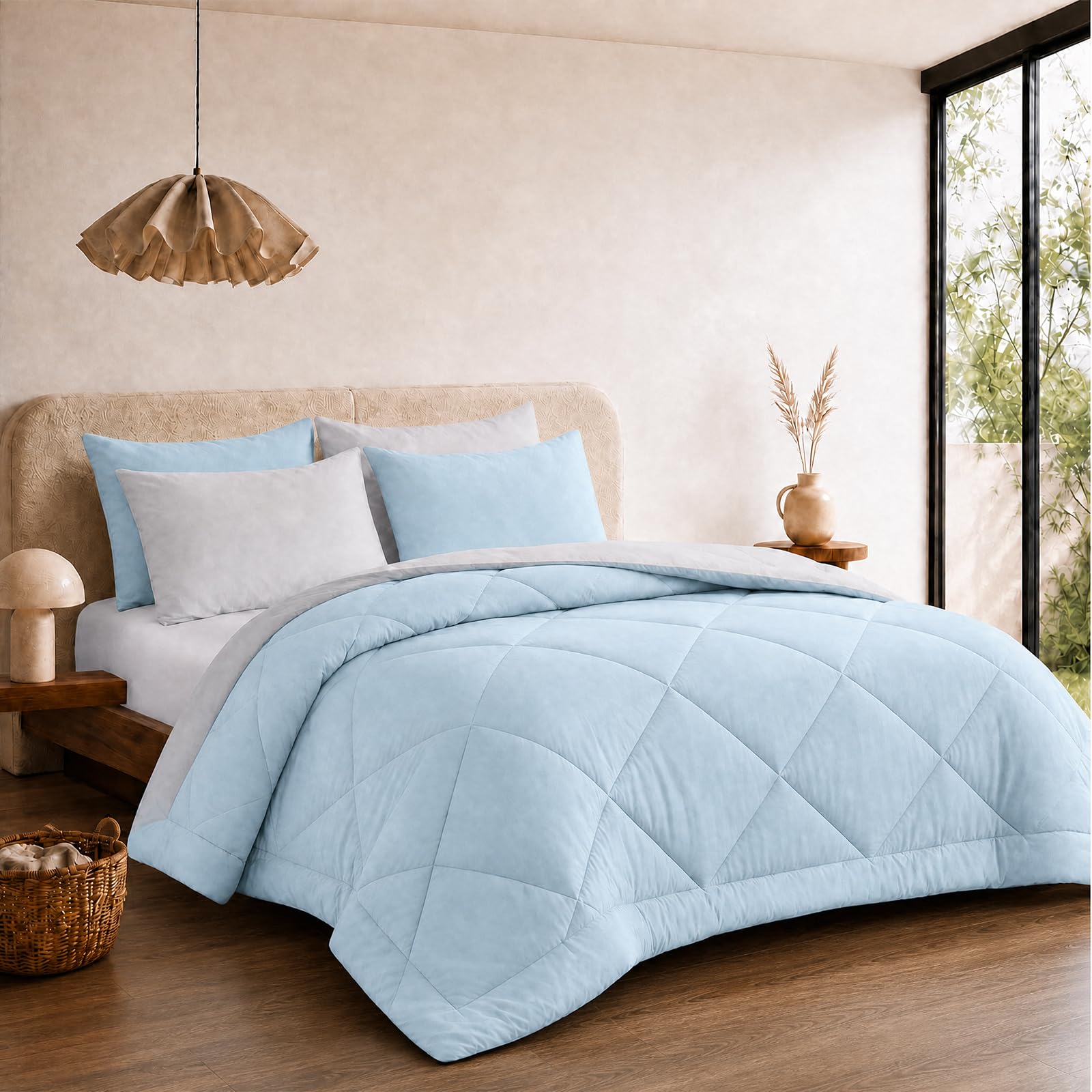 VelvetMis Coverless Duvet Double 10.5 Tog - 200x 200cm, Light Blue And Light Grey Quilt, Reversible Comforter with 2 Pillowcases — image 1