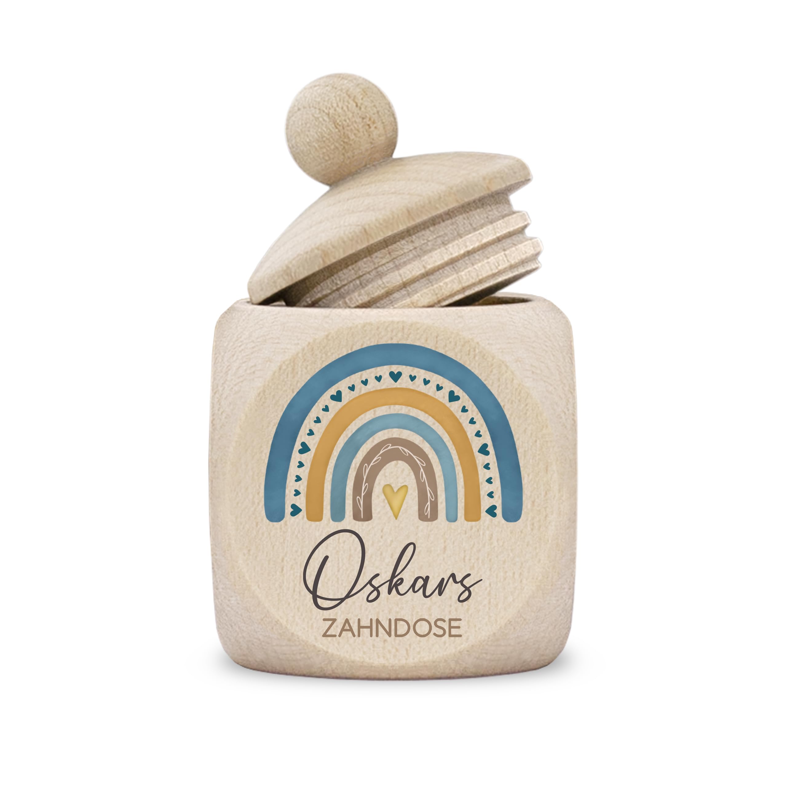 kultdog Zahndose Milchzähne Junge modern Dose Holz personalisiert Druck Name Regenbogen Aquarell blau