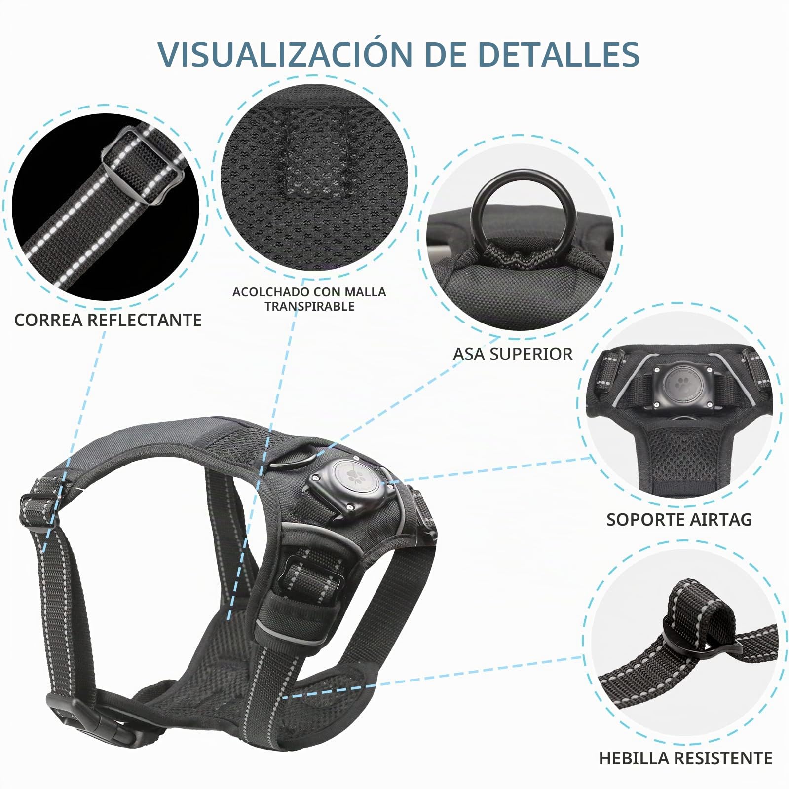 AirTag - Arnés para Perro, Chaleco Integrado para Perro con Soporte 100% Impermeable, arnés Reflectante sin tirones y sin estrangulamiento con Funda Apple Air Tag para Perros pequeños, medianos y