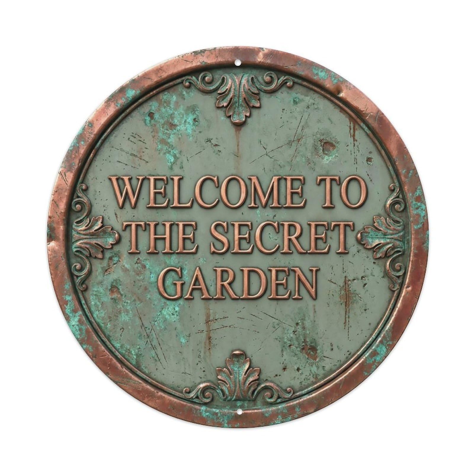 Vintage Welcome Secret Garden Copper Sage Aged Metal Tin Sign