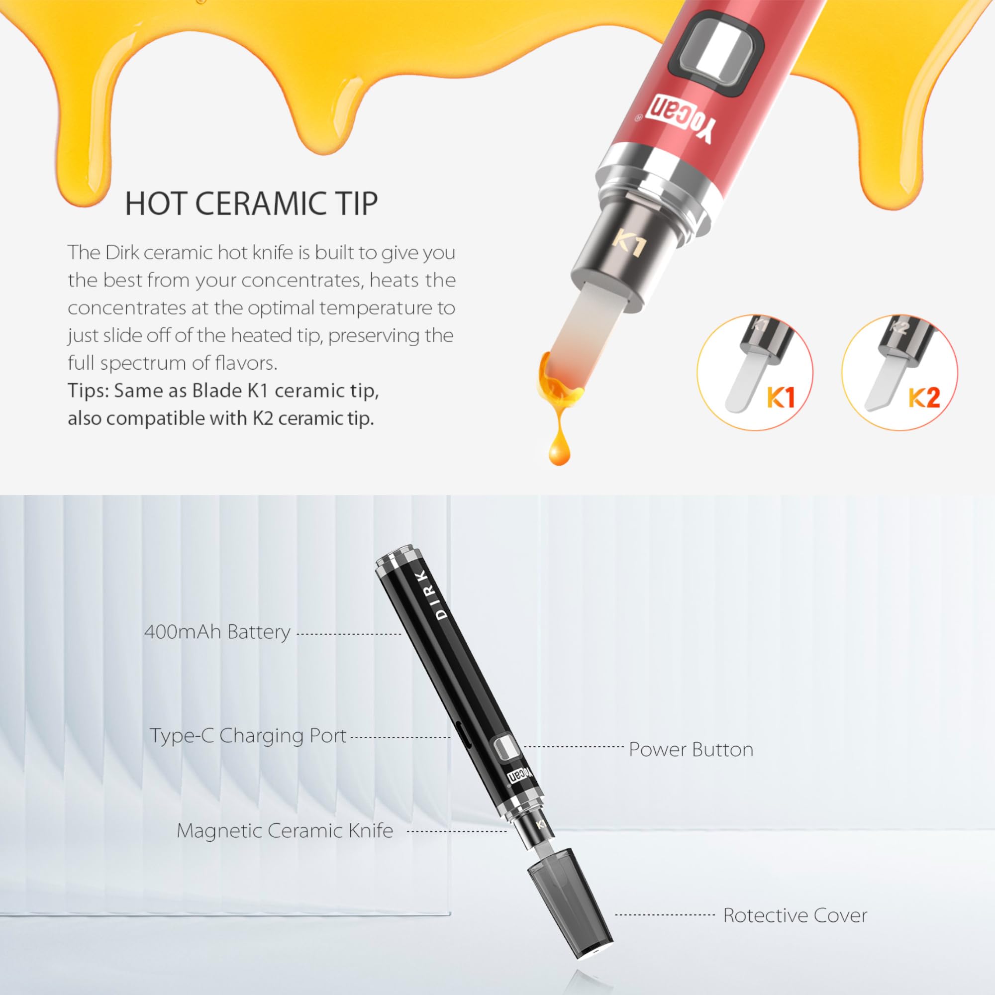 Yocan Couteau Dirk Dab Tool – Paramètres de tension prédéfinis, capacité de la batterie 400 mAh, USB Type-C, connexion magnétique, embouts de couteaux en céramique, housse de protection